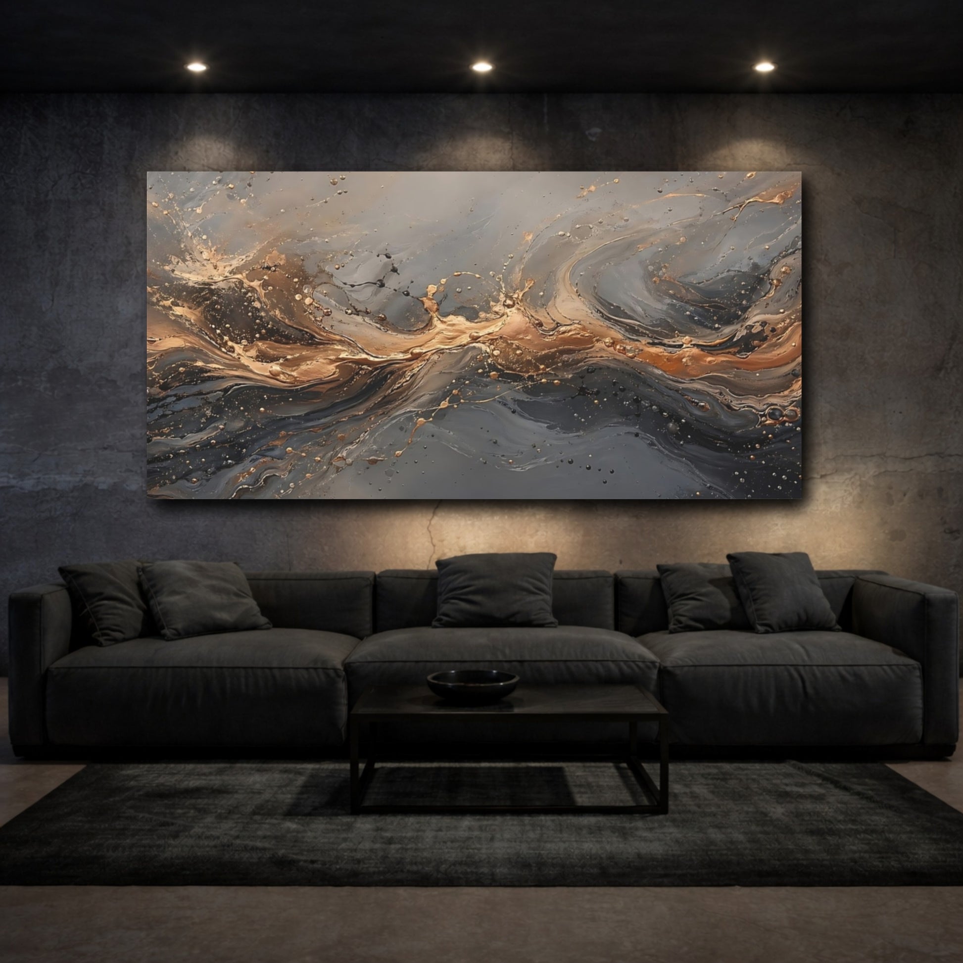 Mockup 2. Abstract Abstract Flow Gold And Gray shown as stretched canvas wall art