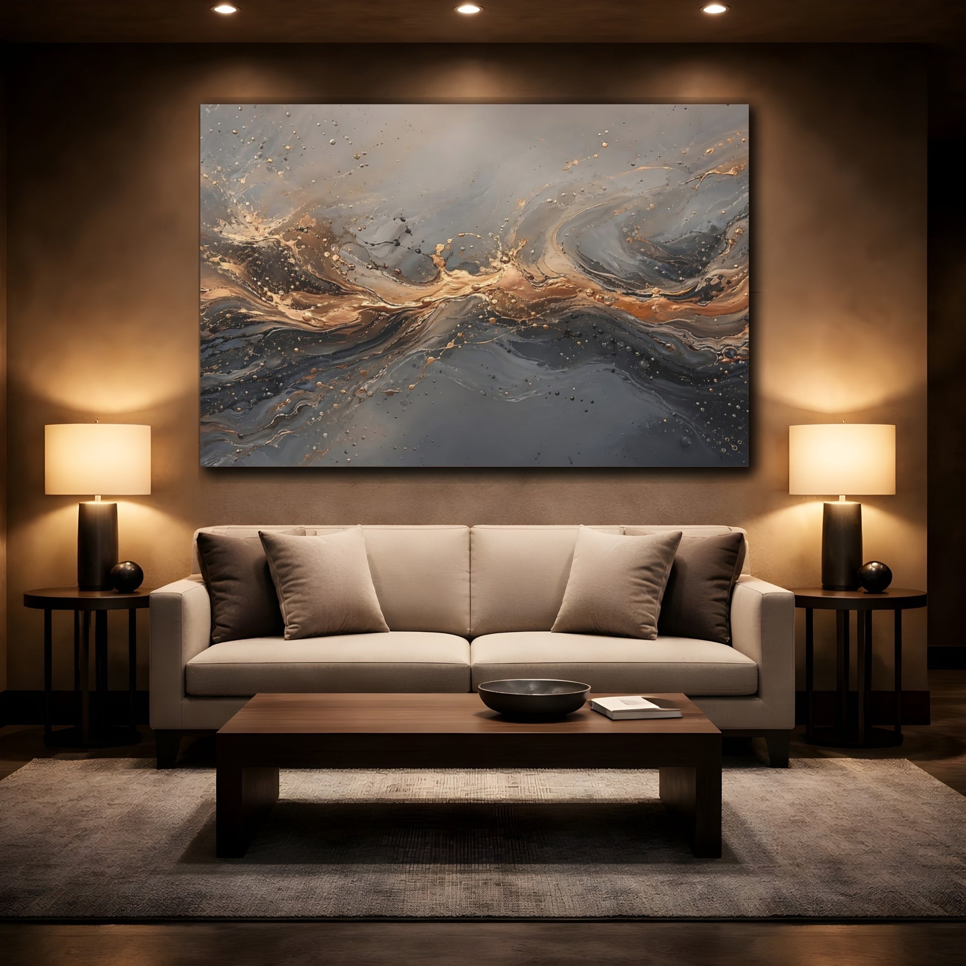 Mockup 2. Abstract Abstract Flow Gold And Gray shown as stretched canvas wall art