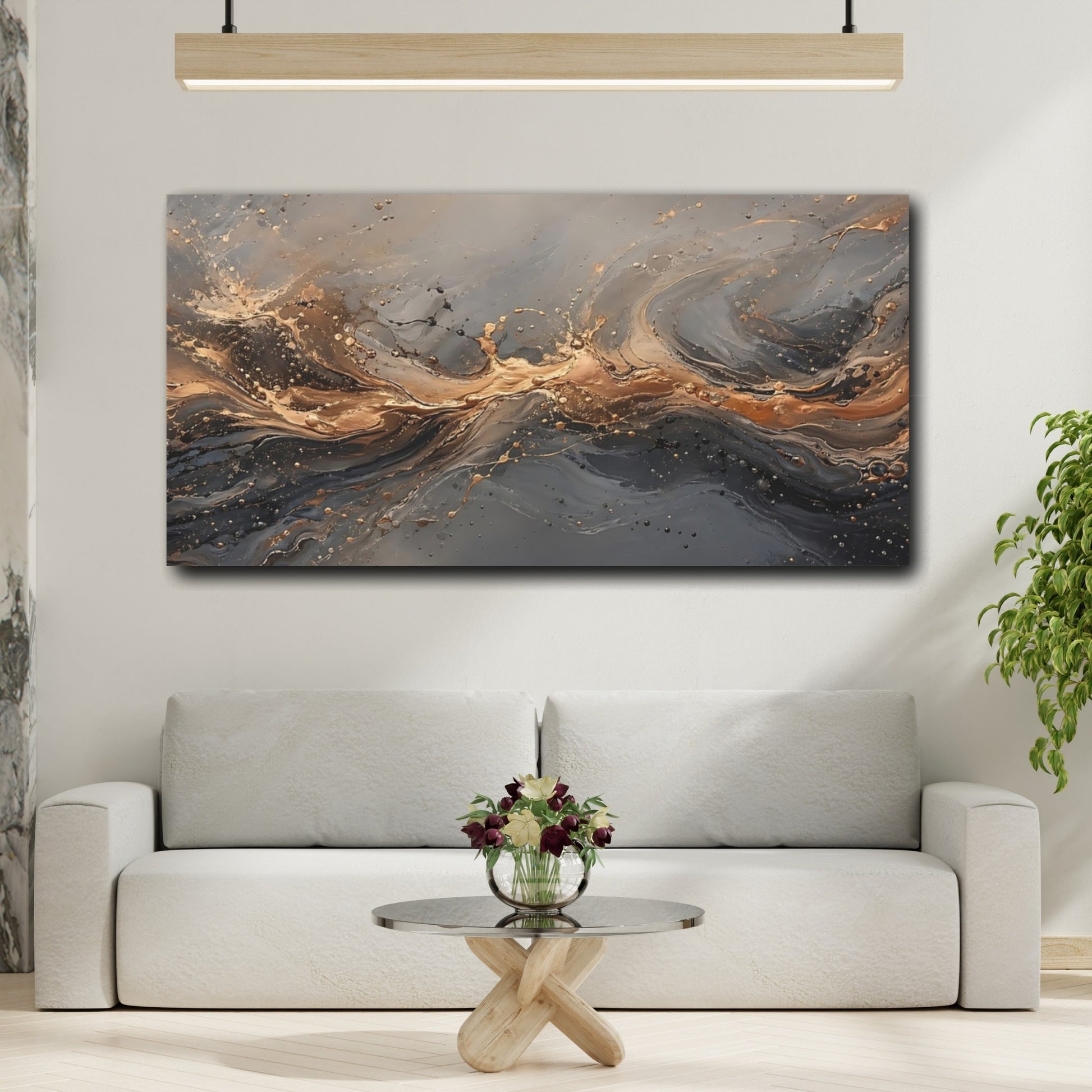 Mockup 3. Abstract Abstract Flow Gold And Gray shown as stretched canvas wall art