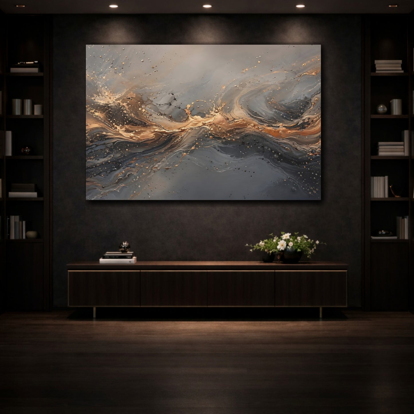 Mockup 3. Abstract Abstract Flow Gold And Gray shown as stretched canvas wall art