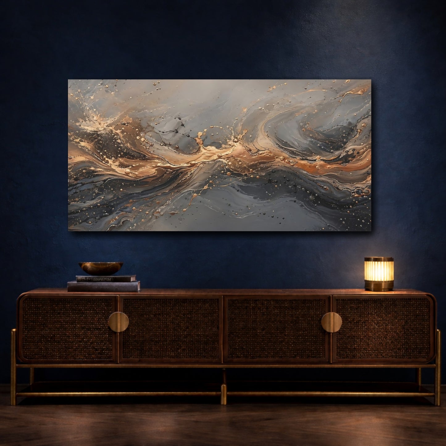 Mockup 4. Abstract Abstract Flow Gold And Gray shown as stretched canvas wall art