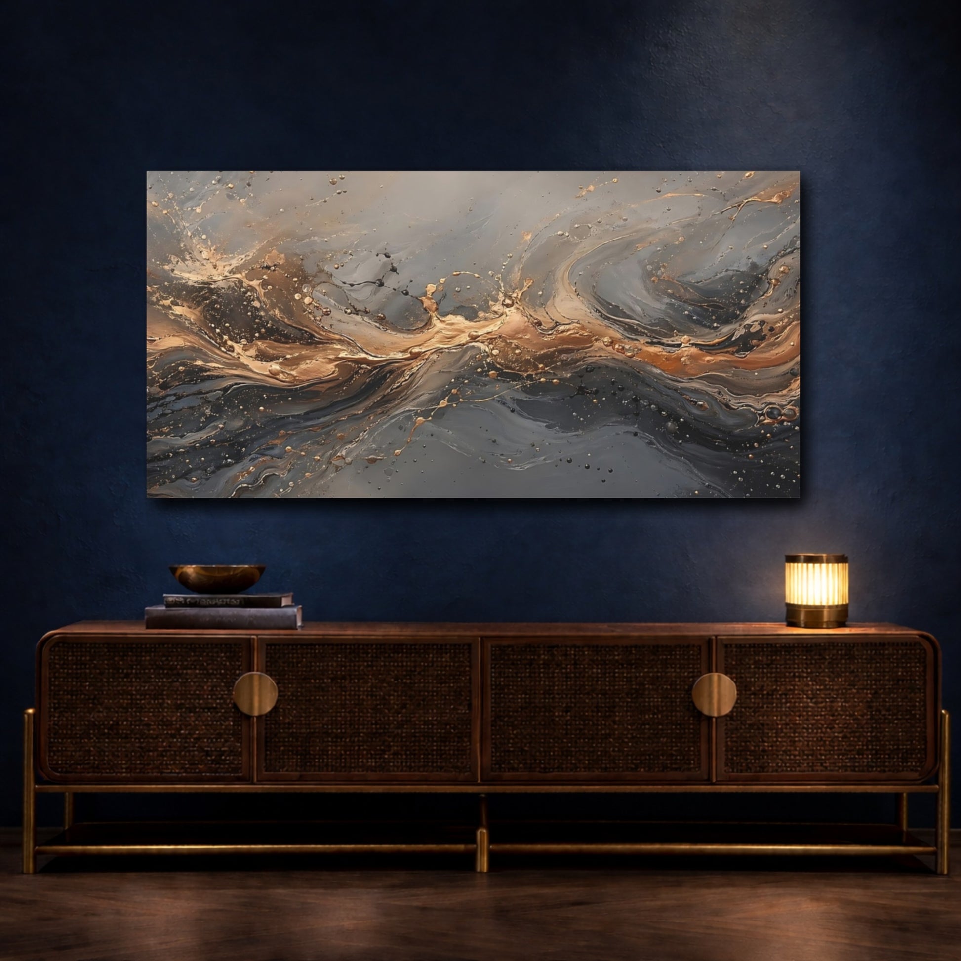 Mockup 4. Abstract Abstract Flow Gold And Gray shown as stretched canvas wall art