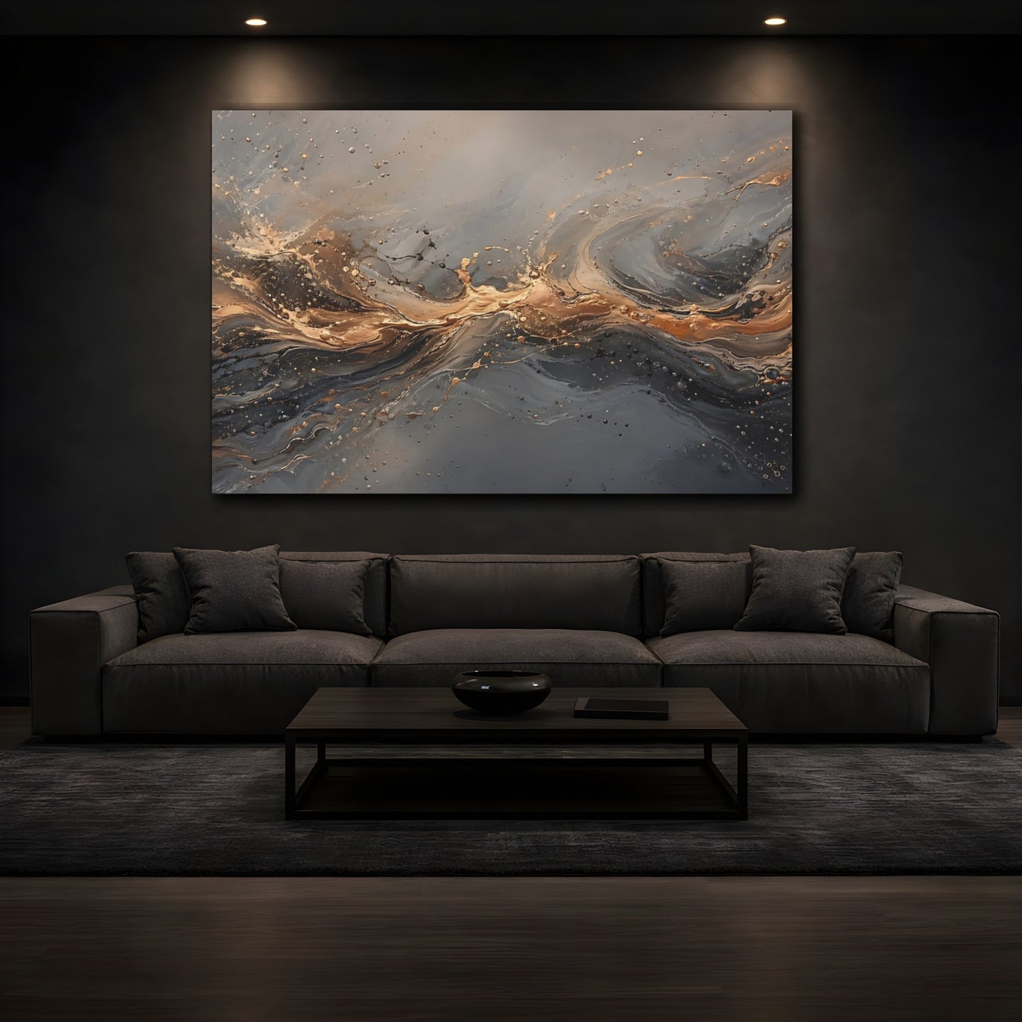 Mockup 4. Abstract Abstract Flow Gold And Gray shown as stretched canvas wall art