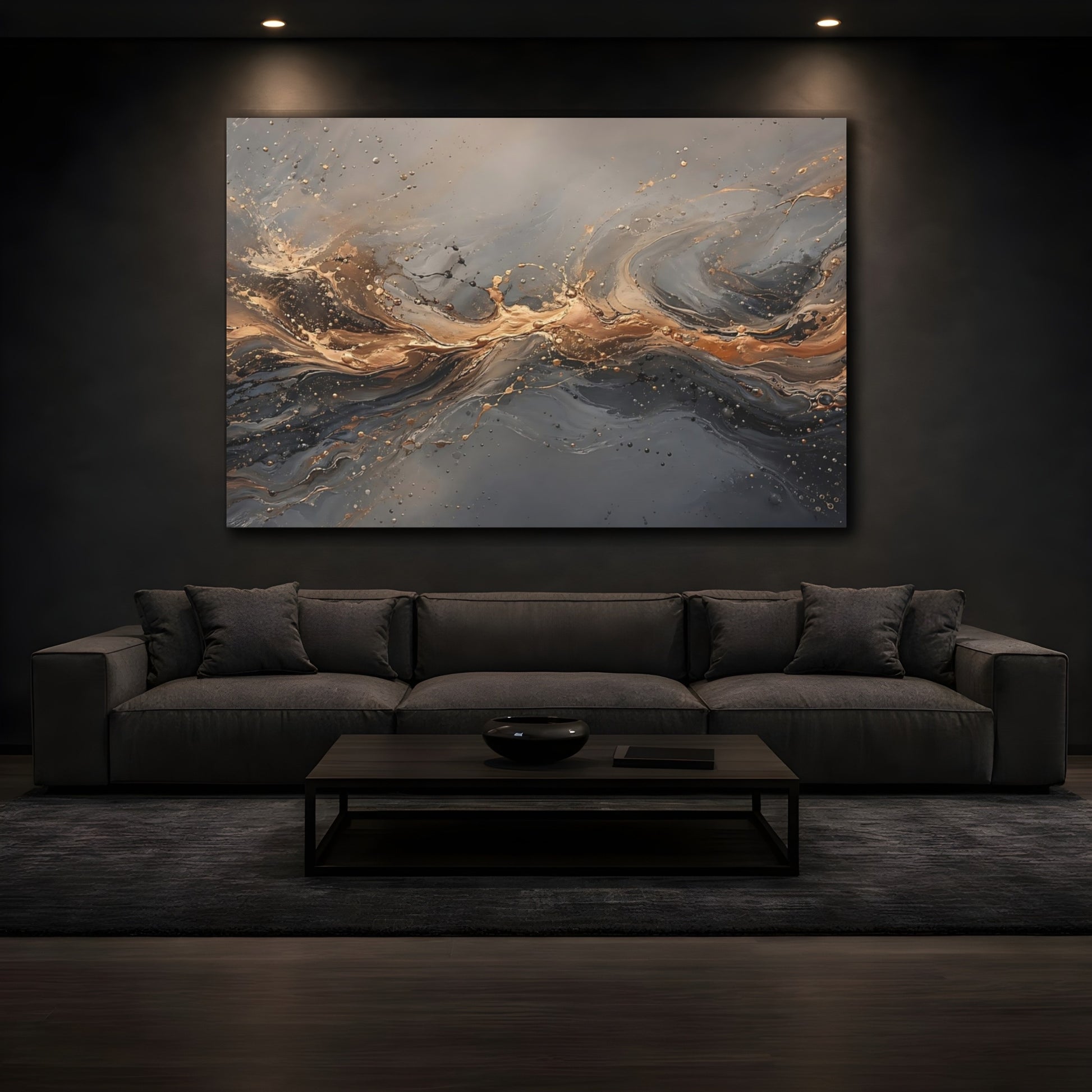 Mockup 4. Abstract Abstract Flow Gold And Gray shown as stretched canvas wall art