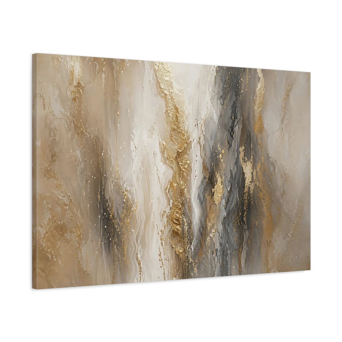 Main Mockup. Abstract Abstract Flow Gold And Grey Abstract shown as stretched canvas wall art