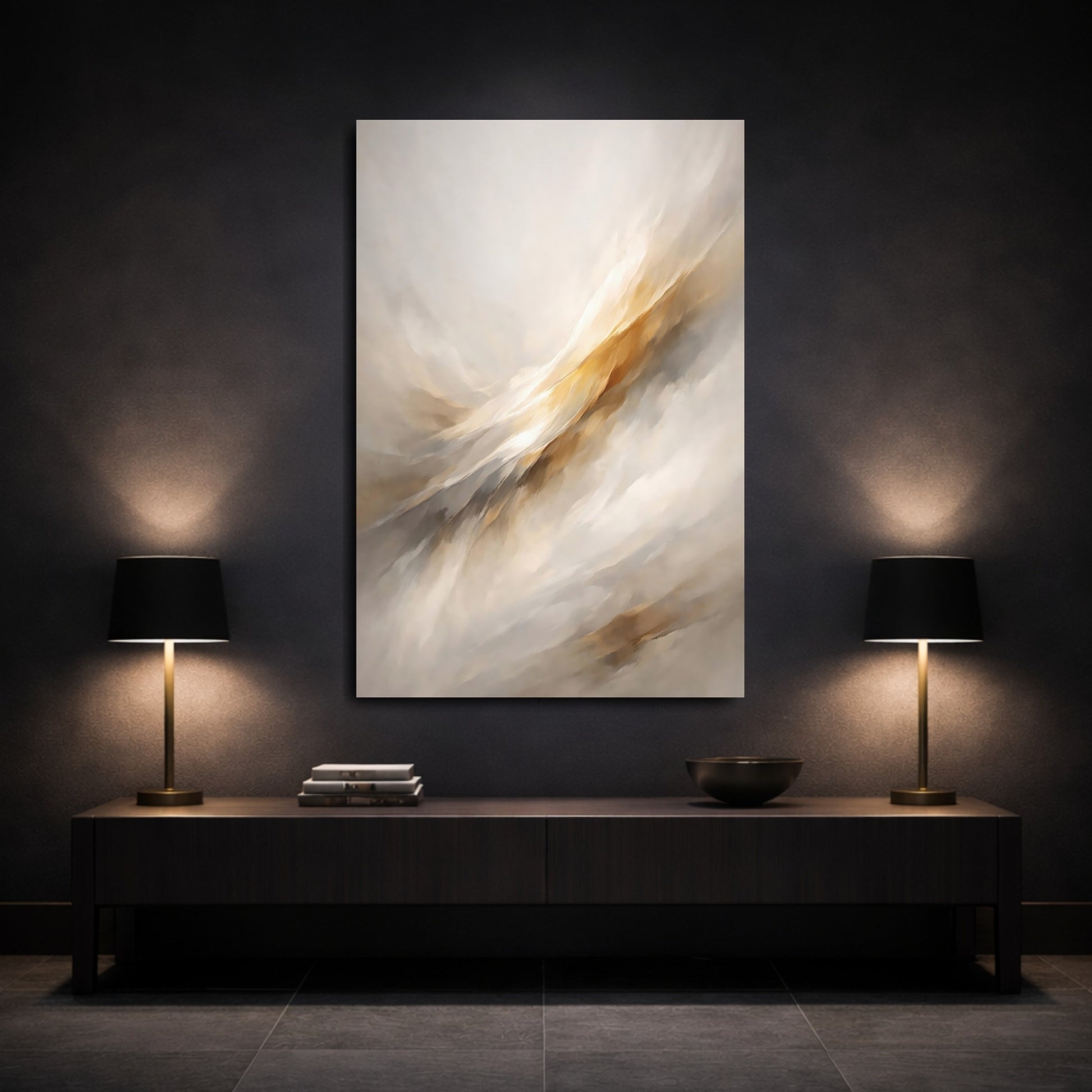 Mockup 2. Abstract Abstract Flow Gold And Grey Abstract shown as stretched canvas wall art