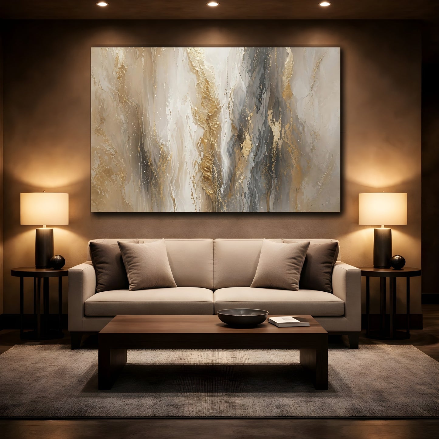 Mockup 2. Abstract Abstract Flow Gold And Grey Abstract shown as stretched canvas wall art