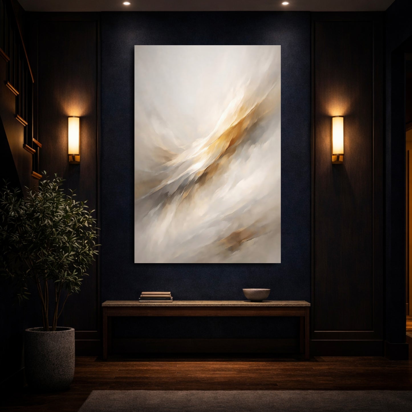 Mockup 3. Abstract Abstract Flow Gold And Grey Abstract shown as stretched canvas wall art