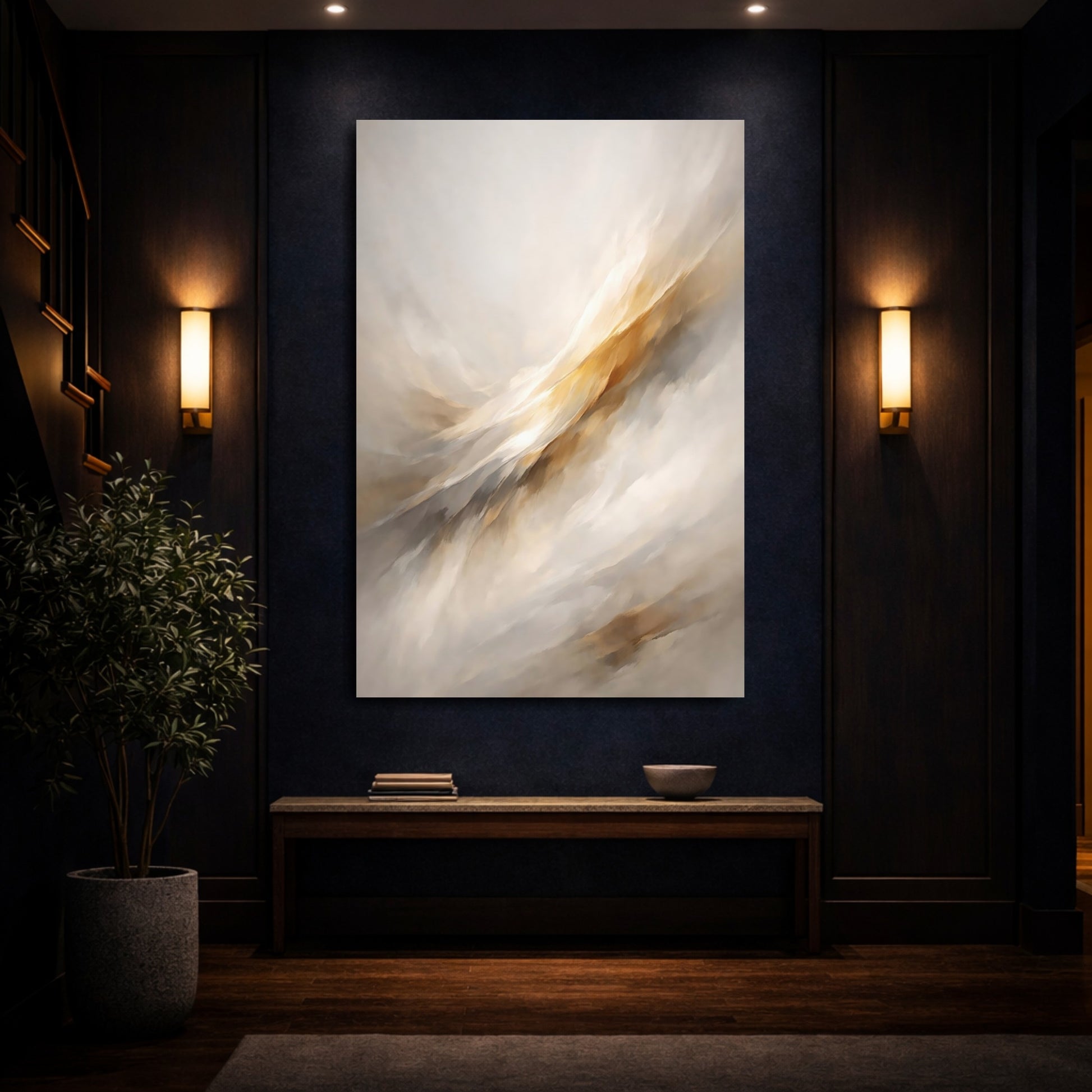 Mockup 3. Abstract Abstract Flow Gold And Grey Abstract shown as stretched canvas wall art