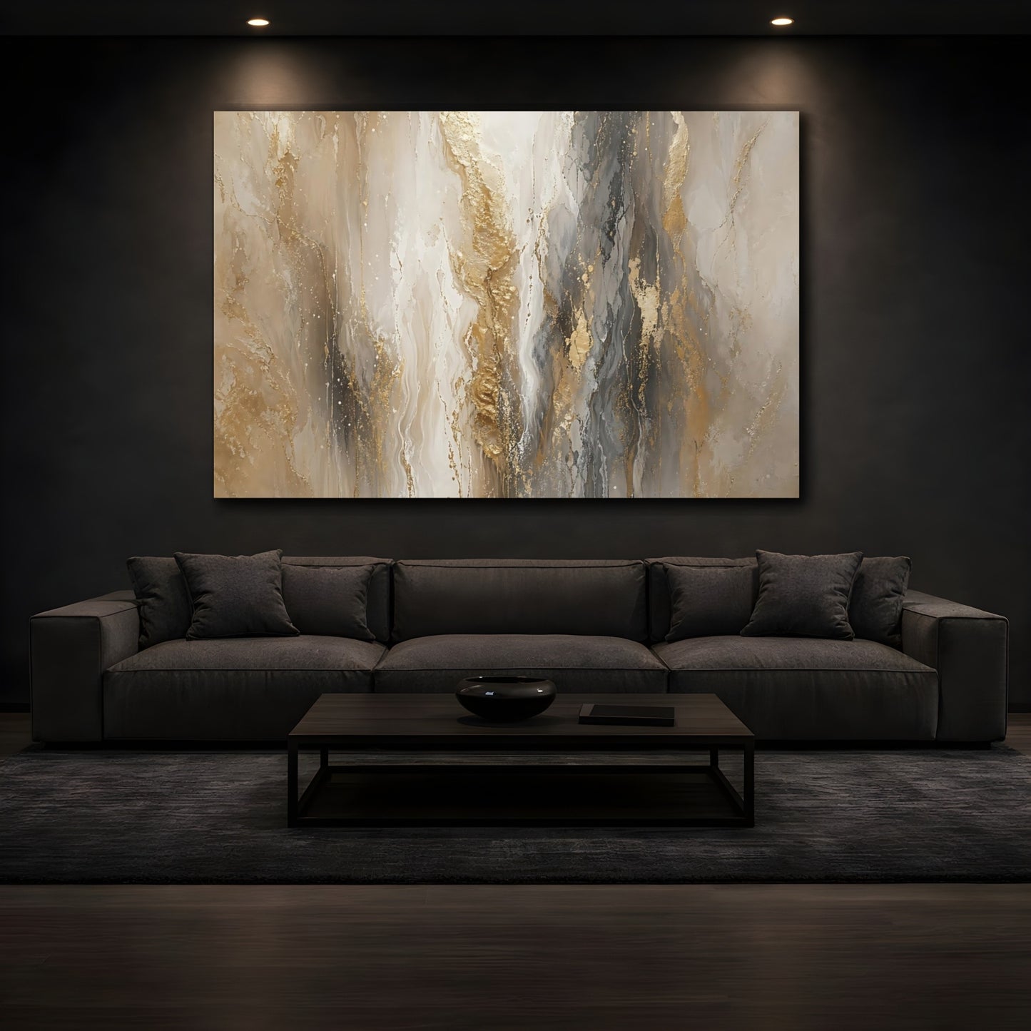 Mockup 3. Abstract Abstract Flow Gold And Grey Abstract shown as stretched canvas wall art