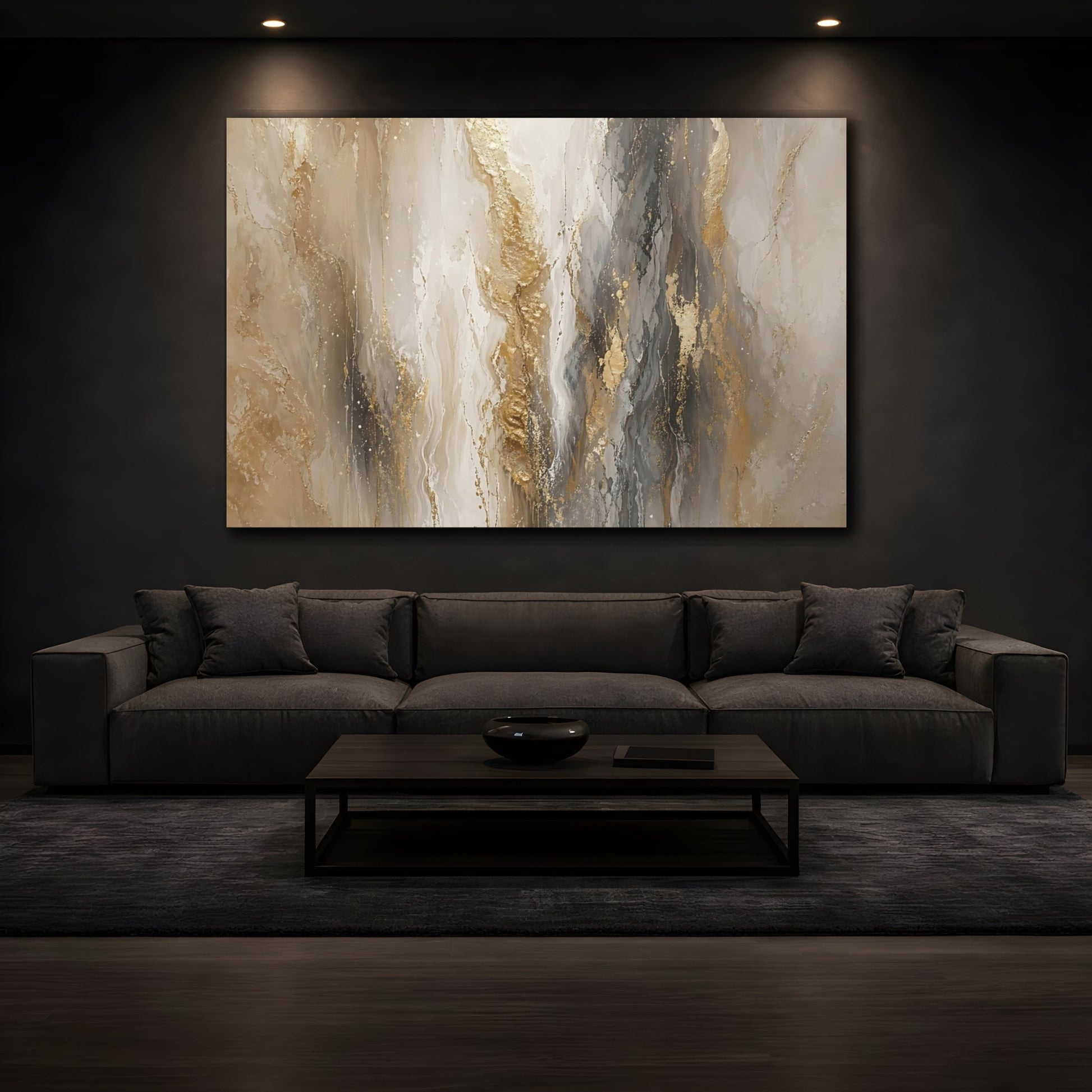 Mockup 3. Abstract Abstract Flow Gold And Grey Abstract shown as stretched canvas wall art