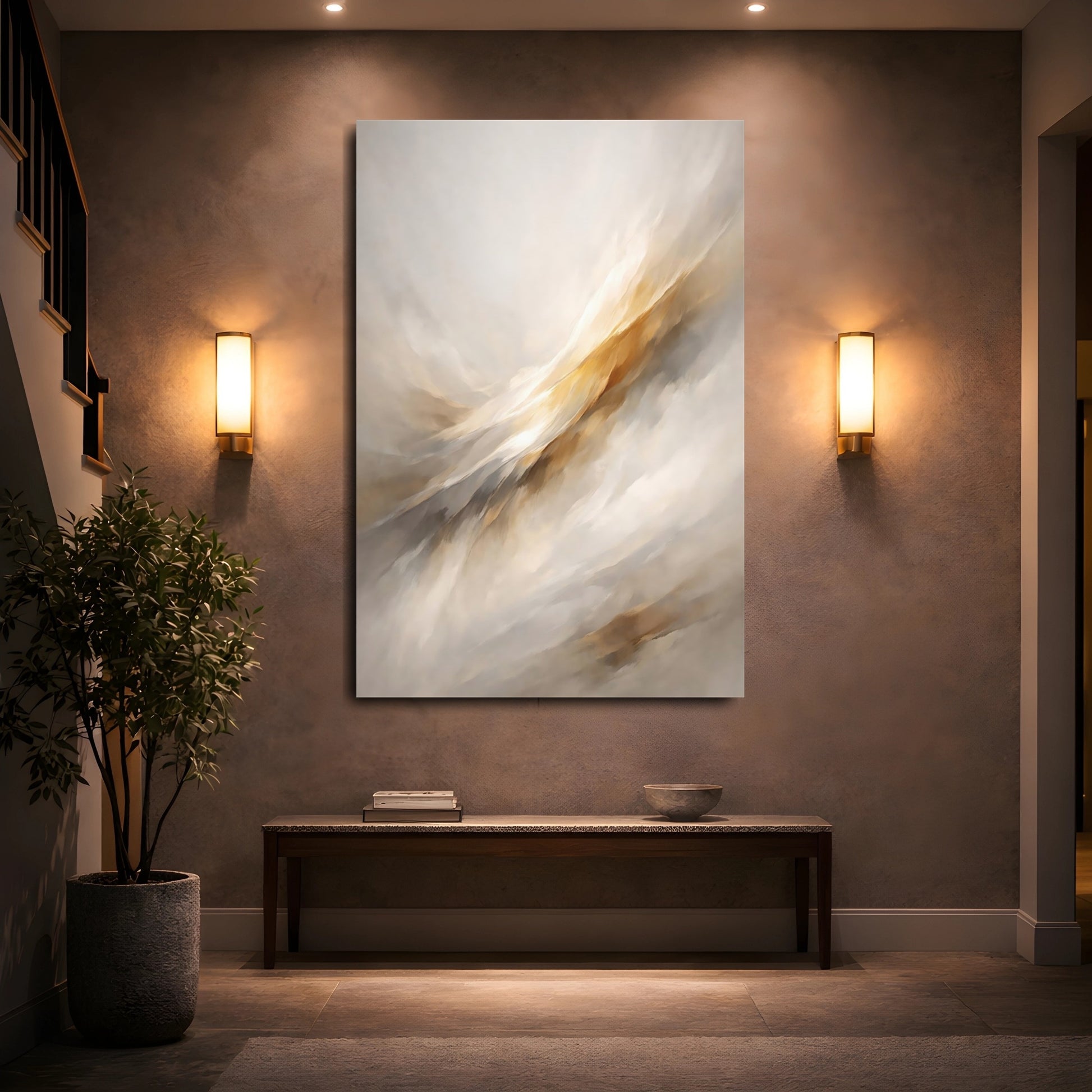 Mockup 4. Abstract Abstract Flow Gold And Grey Abstract shown as stretched canvas wall art