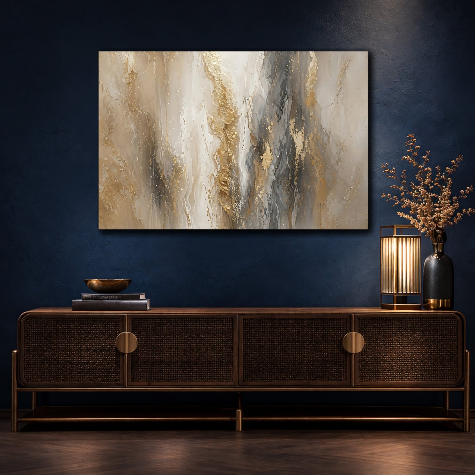 Mockup 4. Abstract Abstract Flow Gold And Grey Abstract shown as stretched canvas wall art