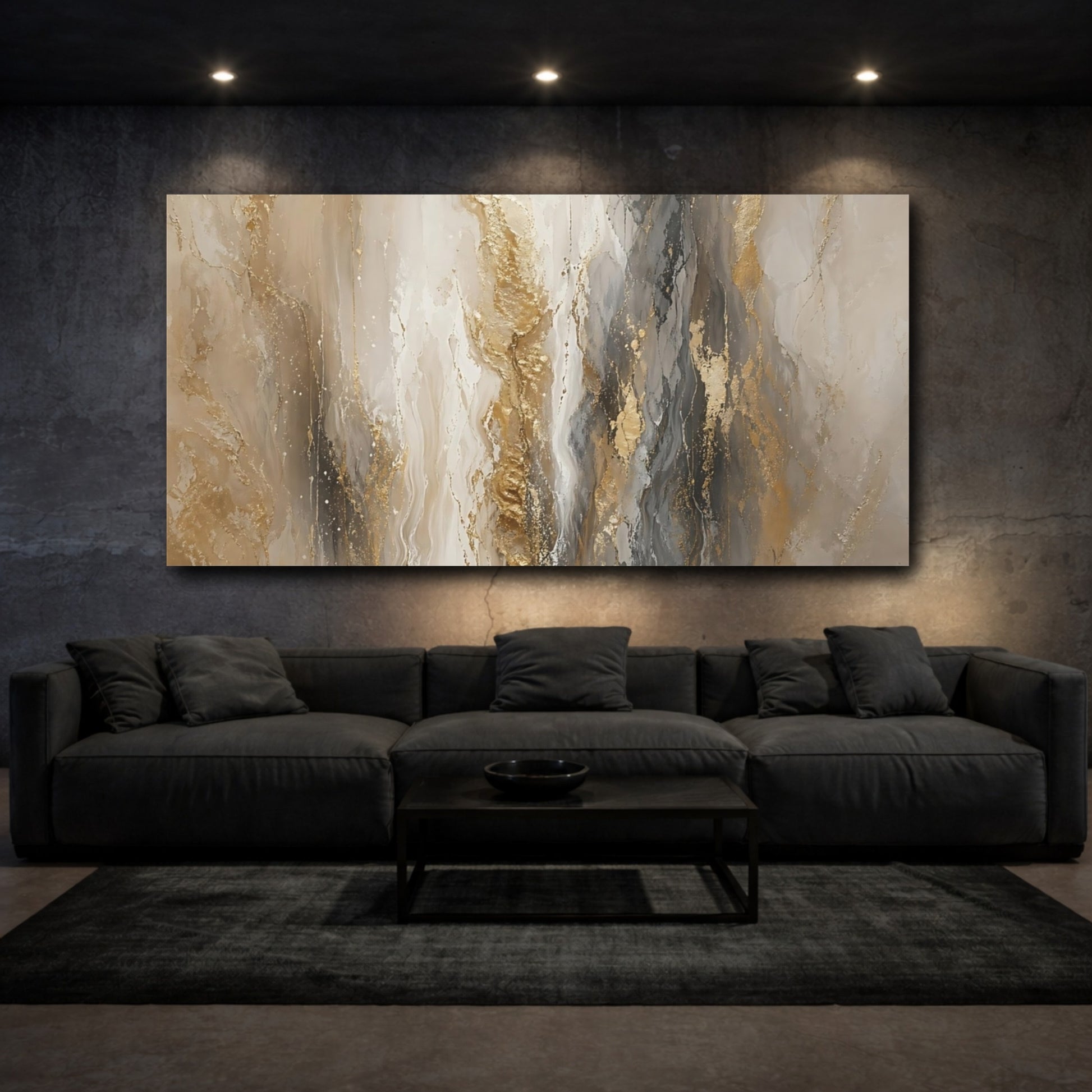 Mockup 2. Abstract Abstract Flow Gold And Grey shown as stretched canvas wall art