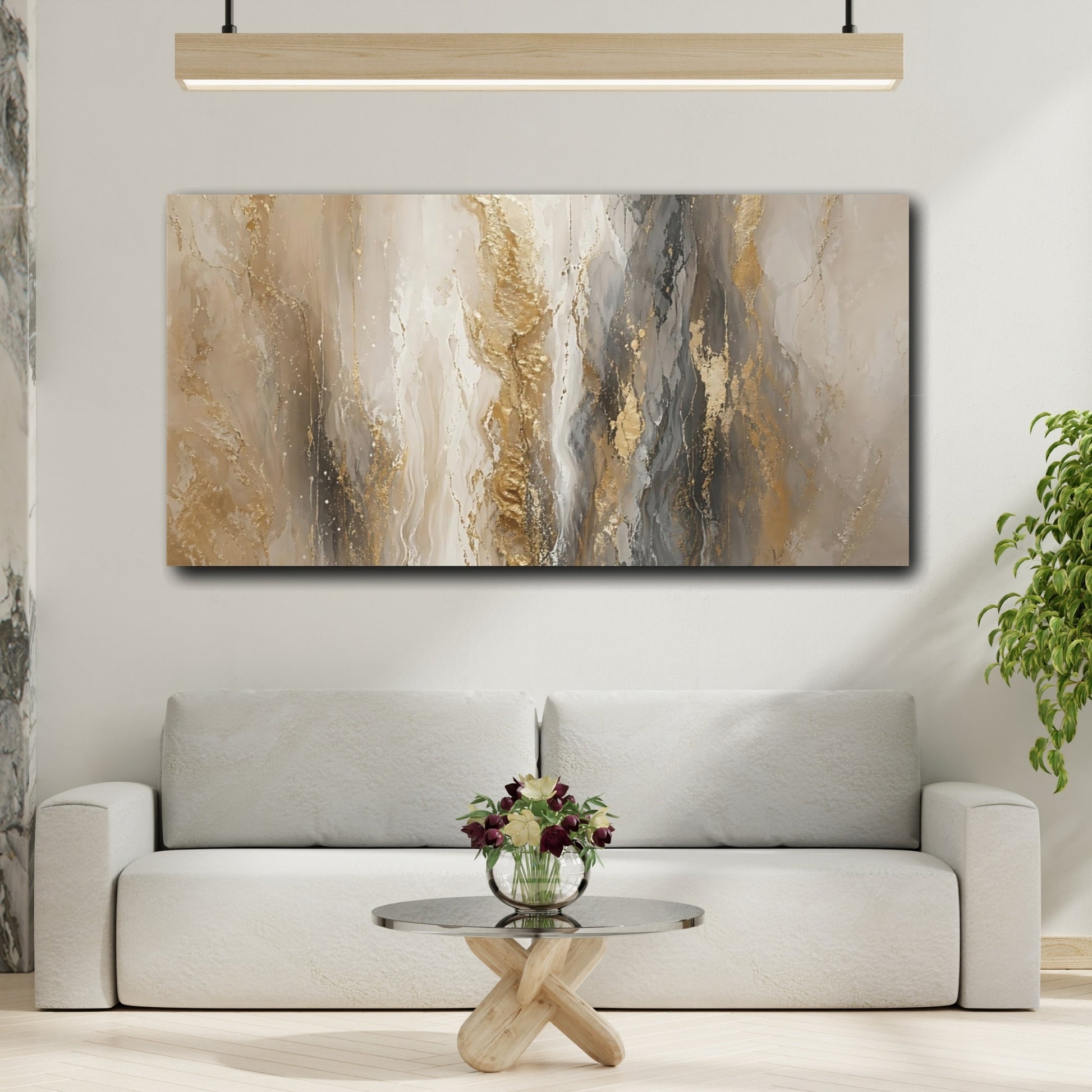 Mockup 3. Abstract Abstract Flow Gold And Grey shown as stretched canvas wall art