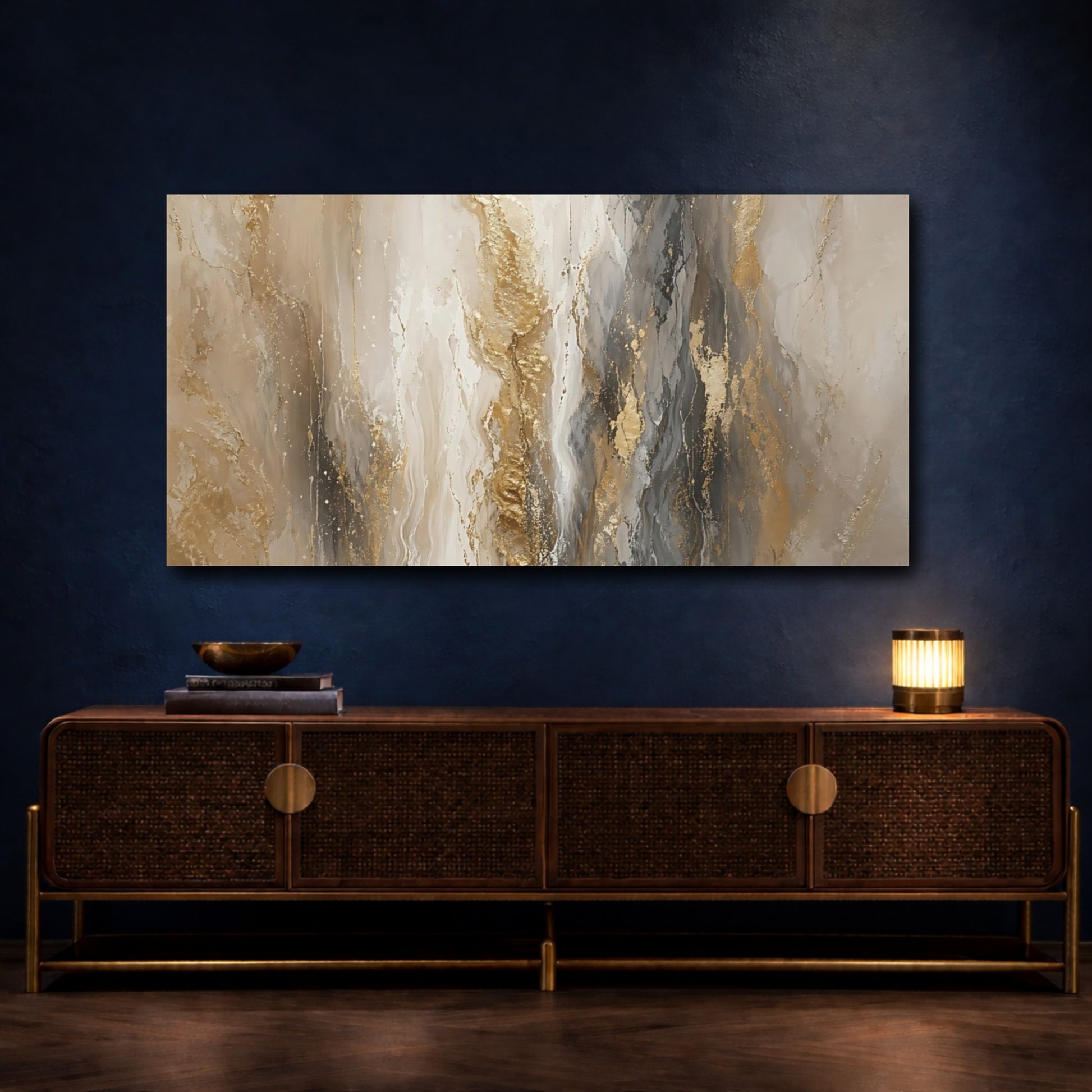 Mockup 4. Abstract Abstract Flow Gold And Grey shown as stretched canvas wall art