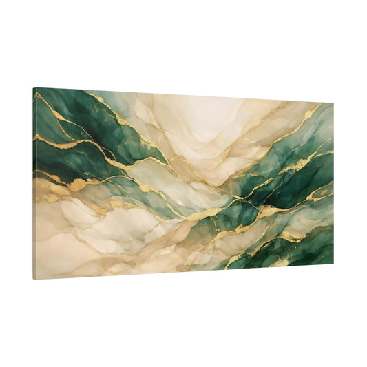 Main Mockup. Abstract Abstract Flow Green Gold Abstract shown as stretched canvas wall art