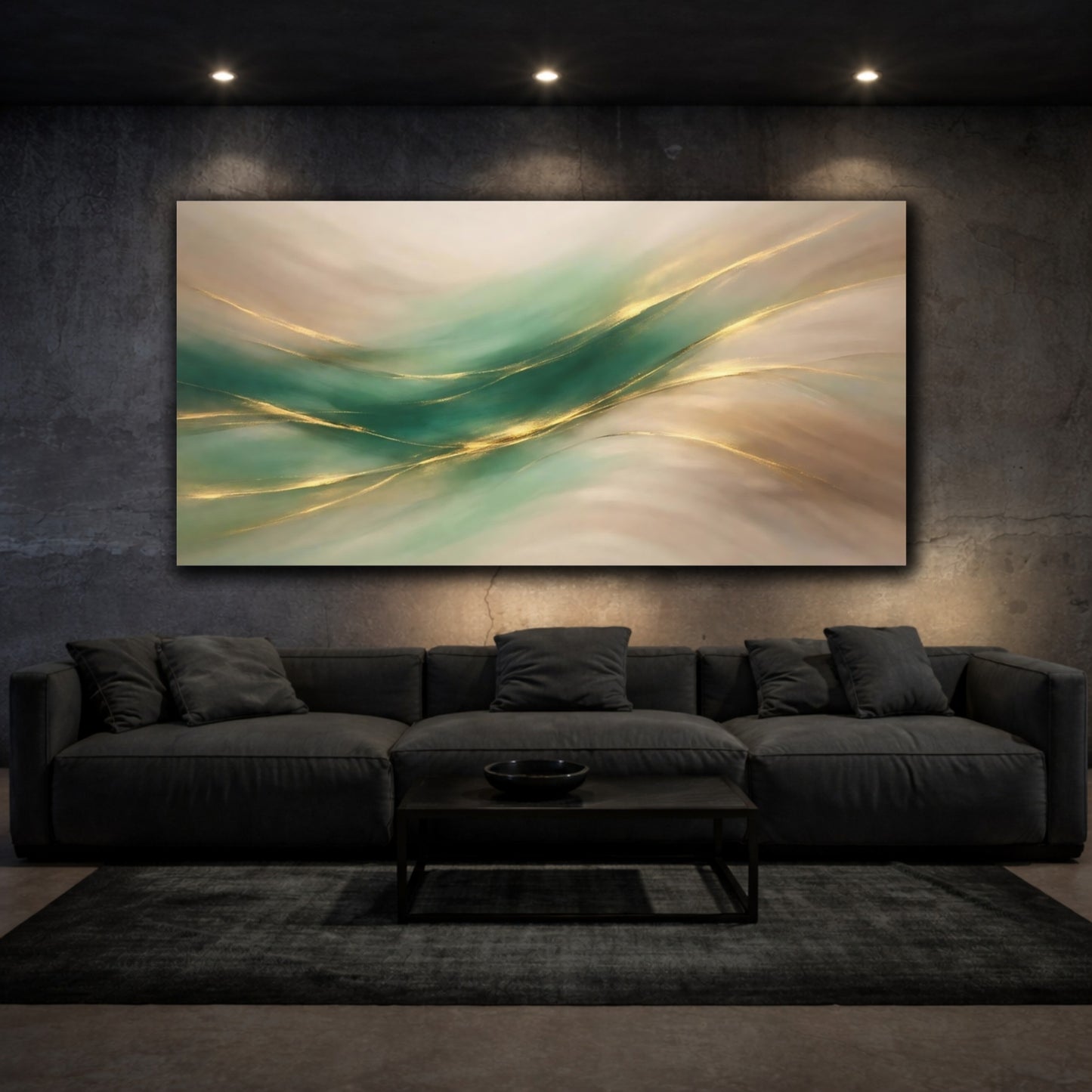 Mockup 2. Abstract Abstract Flow Green Gold Abstract shown as stretched canvas wall art