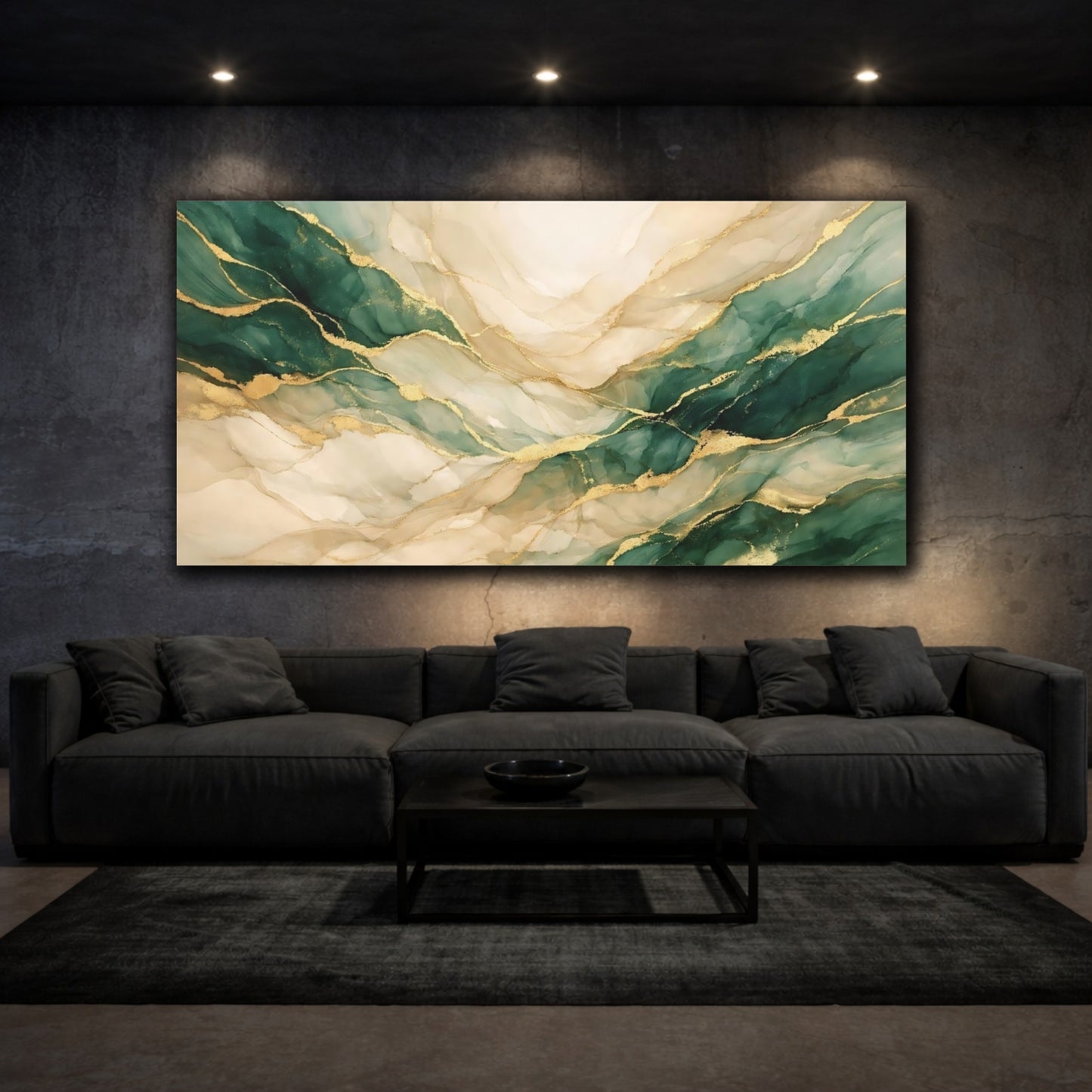 Mockup 2. Abstract Abstract Flow Green Gold Abstract shown as stretched canvas wall art