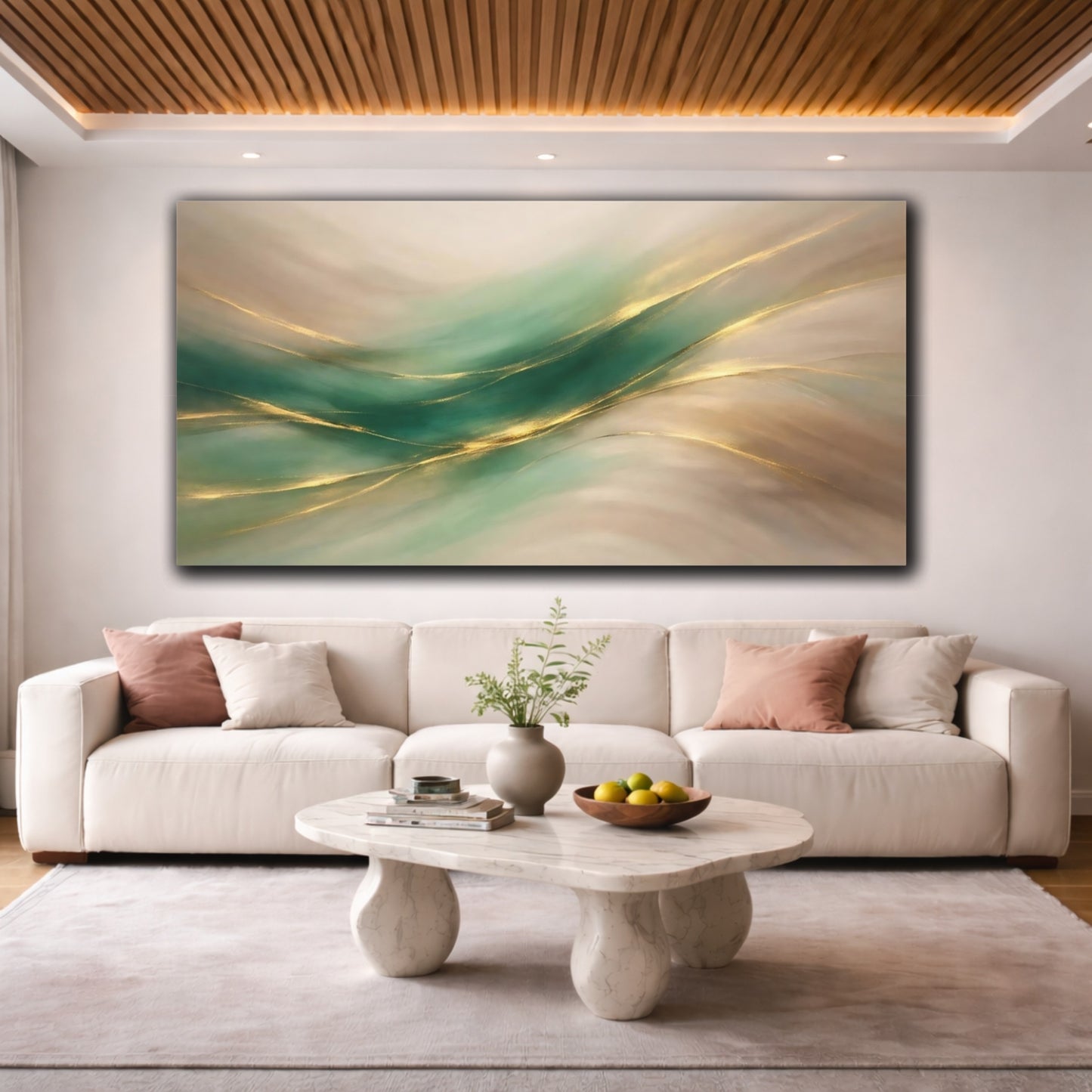 Mockup 3. Abstract Abstract Flow Green Gold Abstract shown as stretched canvas wall art