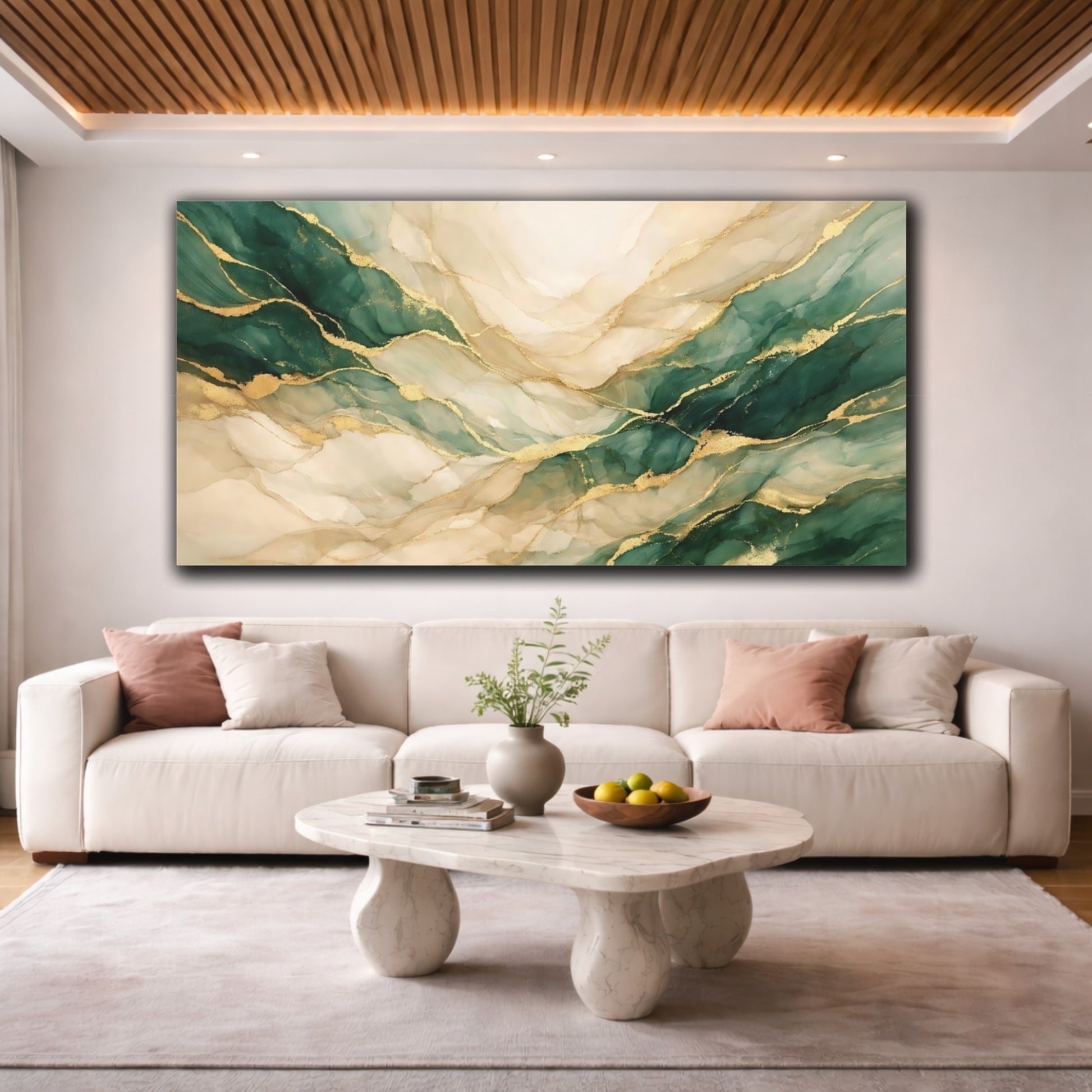 Mockup 3. Abstract Abstract Flow Green Gold Abstract shown as stretched canvas wall art