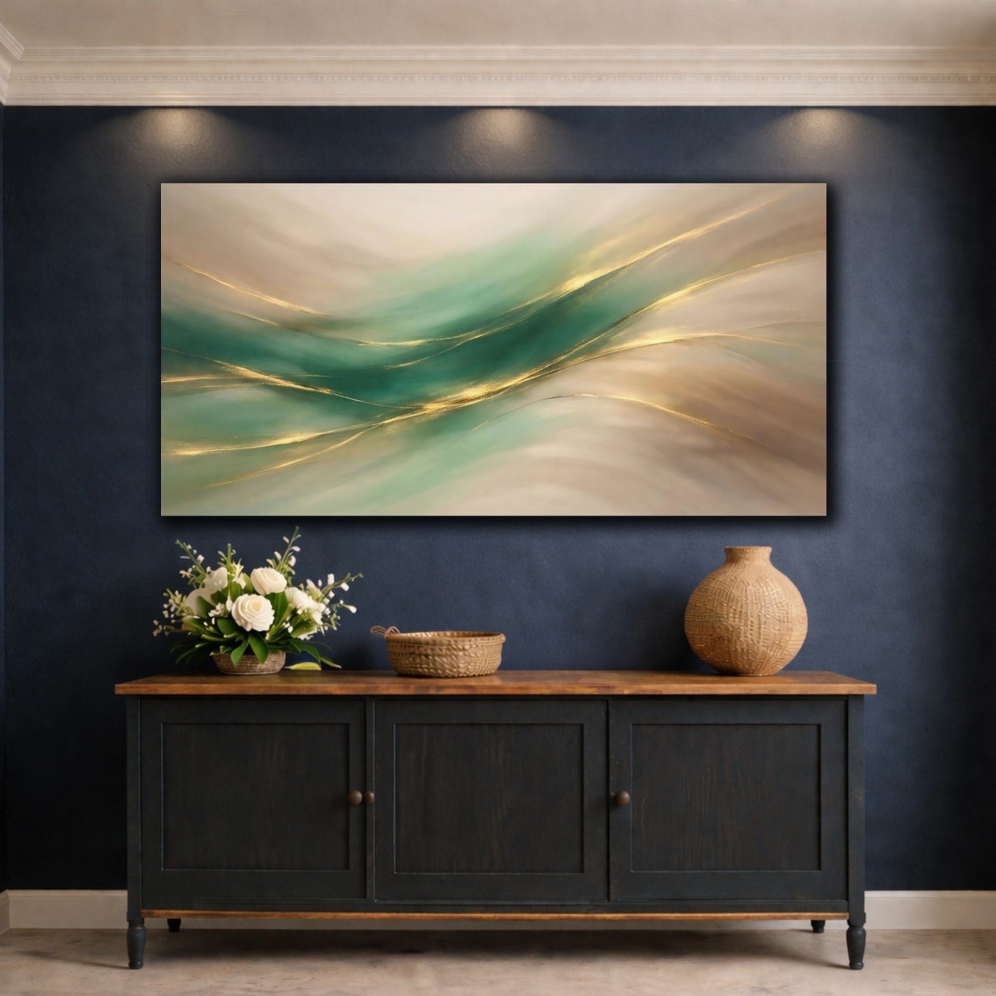 Mockup 4. Abstract Abstract Flow Green Gold Abstract shown as stretched canvas wall art