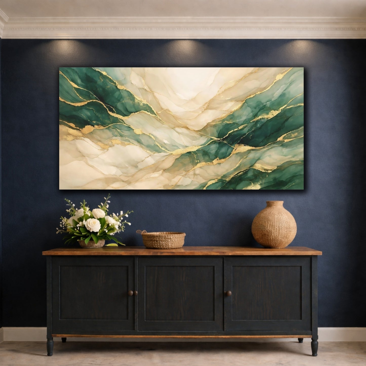 Mockup 4. Abstract Abstract Flow Green Gold Abstract shown as stretched canvas wall art