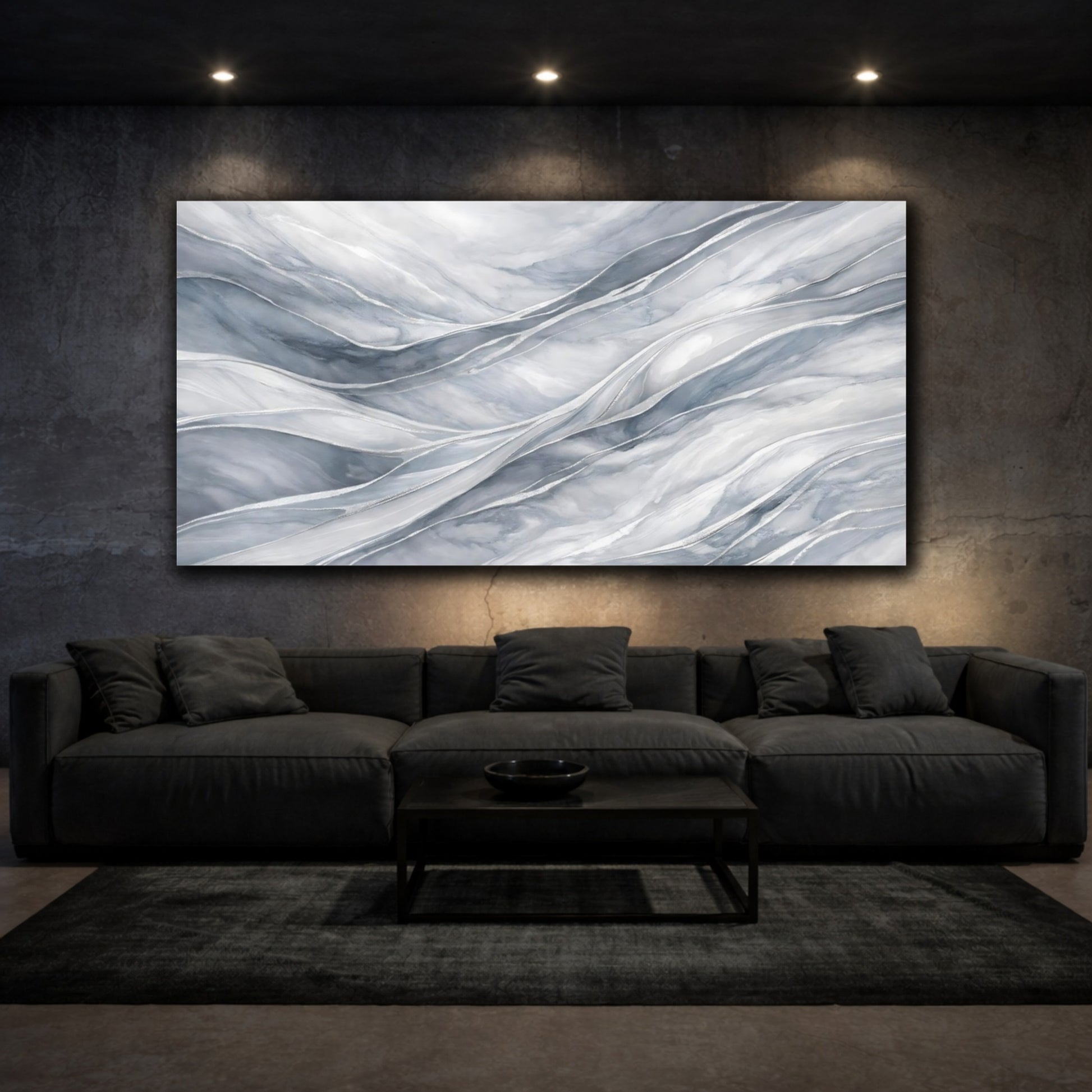 Mockup 2. Abstract Abstract Flow Grey And Silver shown as stretched canvas wall art