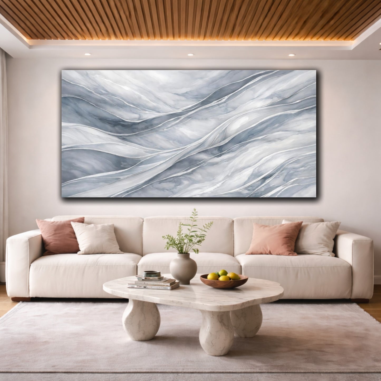 Mockup 3. Abstract Abstract Flow Grey And Silver shown as stretched canvas wall art