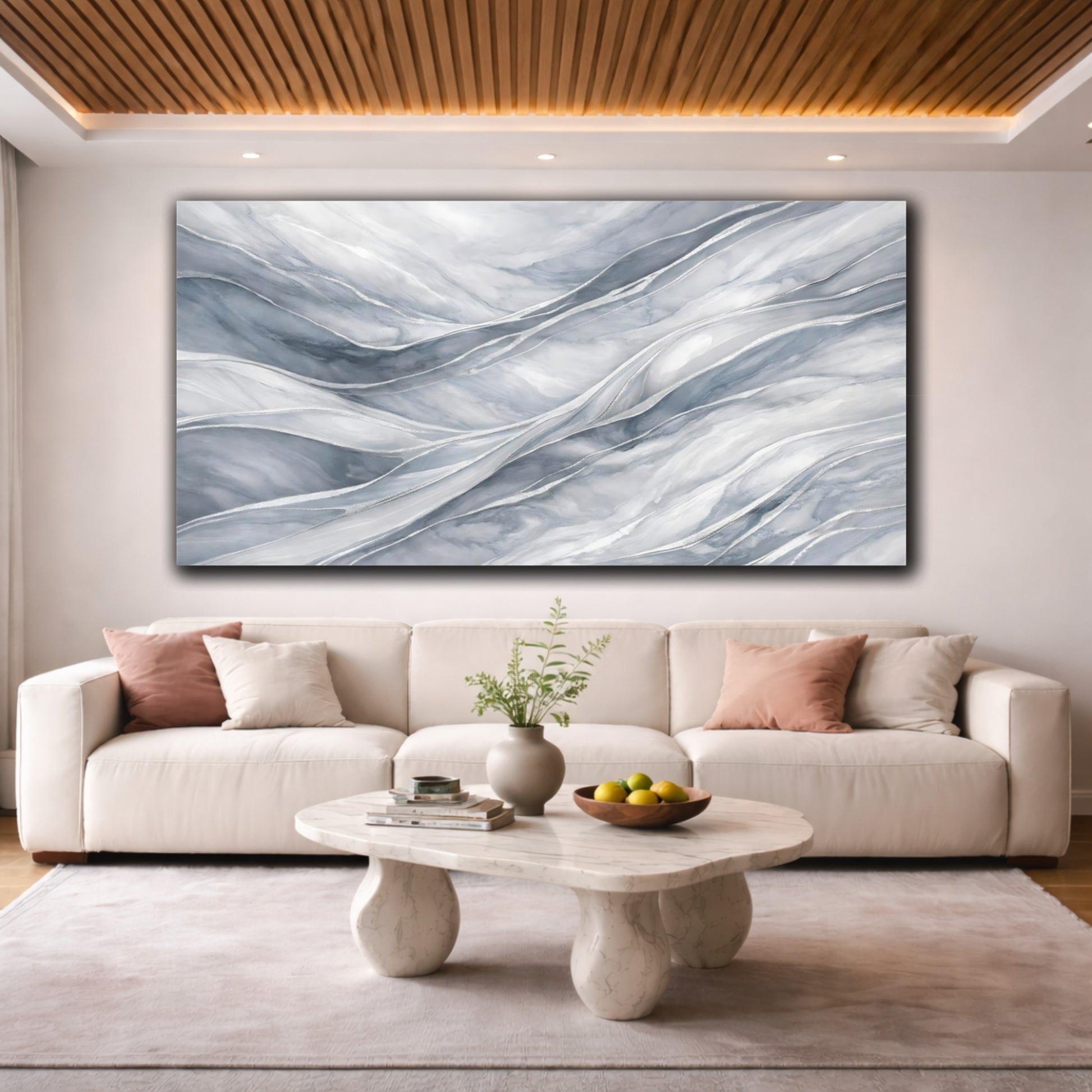 Mockup 3. Abstract Abstract Flow Grey And Silver shown as stretched canvas wall art