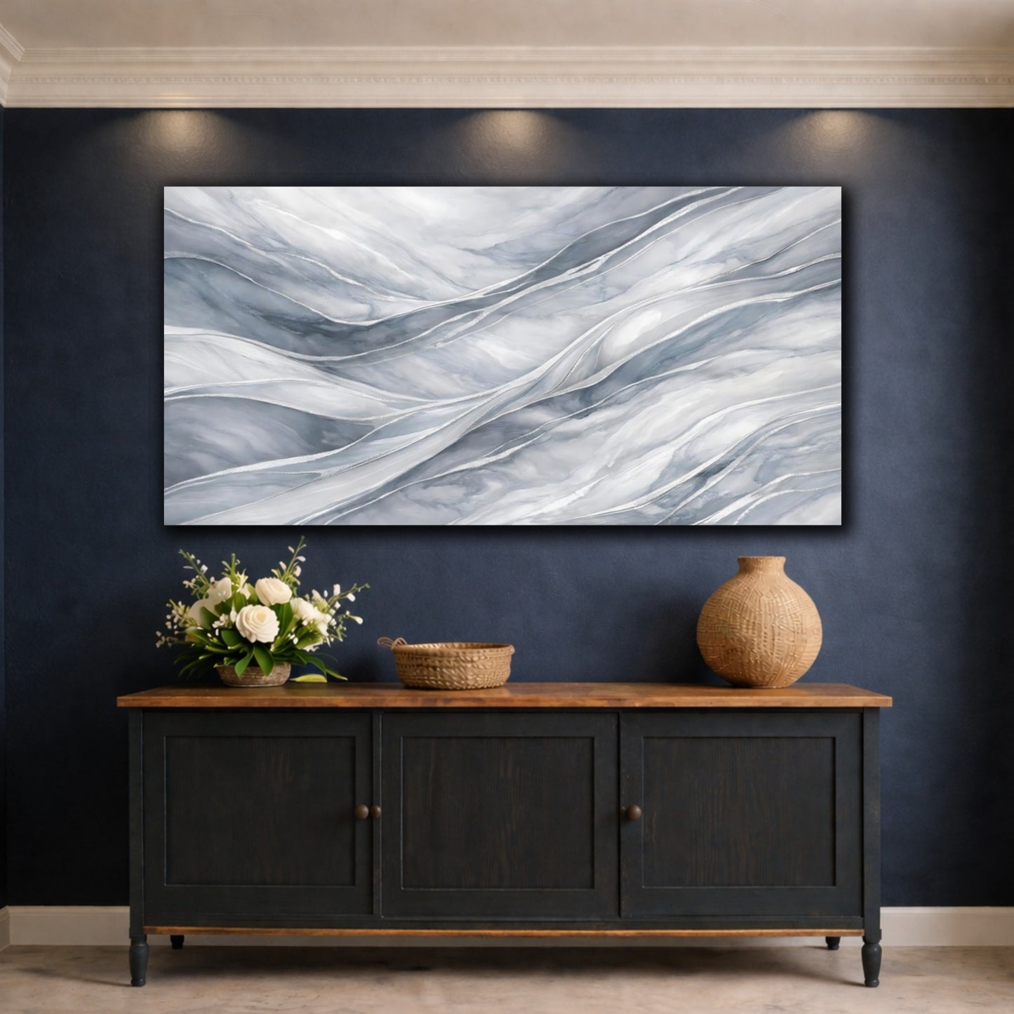 Mockup 4. Abstract Abstract Flow Grey And Silver shown as stretched canvas wall art