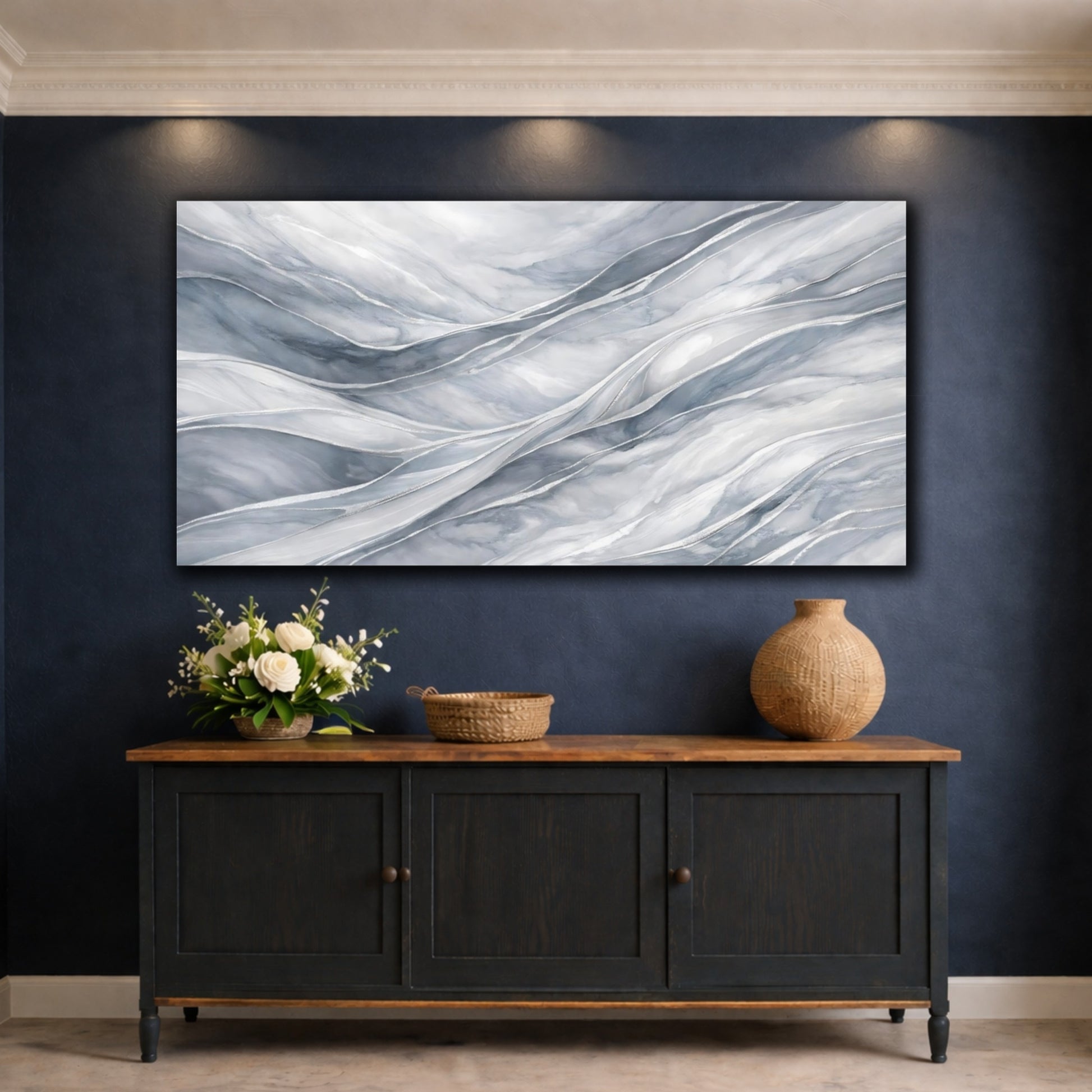 Mockup 4. Abstract Abstract Flow Grey And Silver shown as stretched canvas wall art