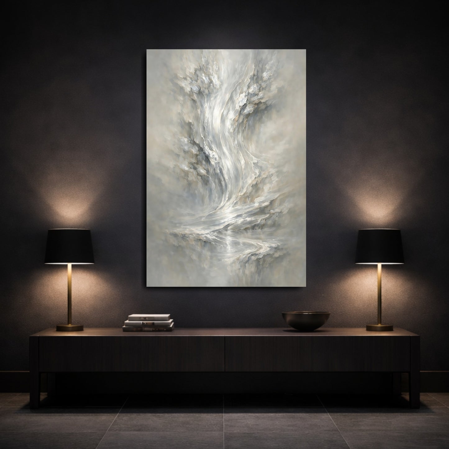 Mockup 2. Abstract Abstract Flow Grey And White Abstract shown as stretched canvas wall art