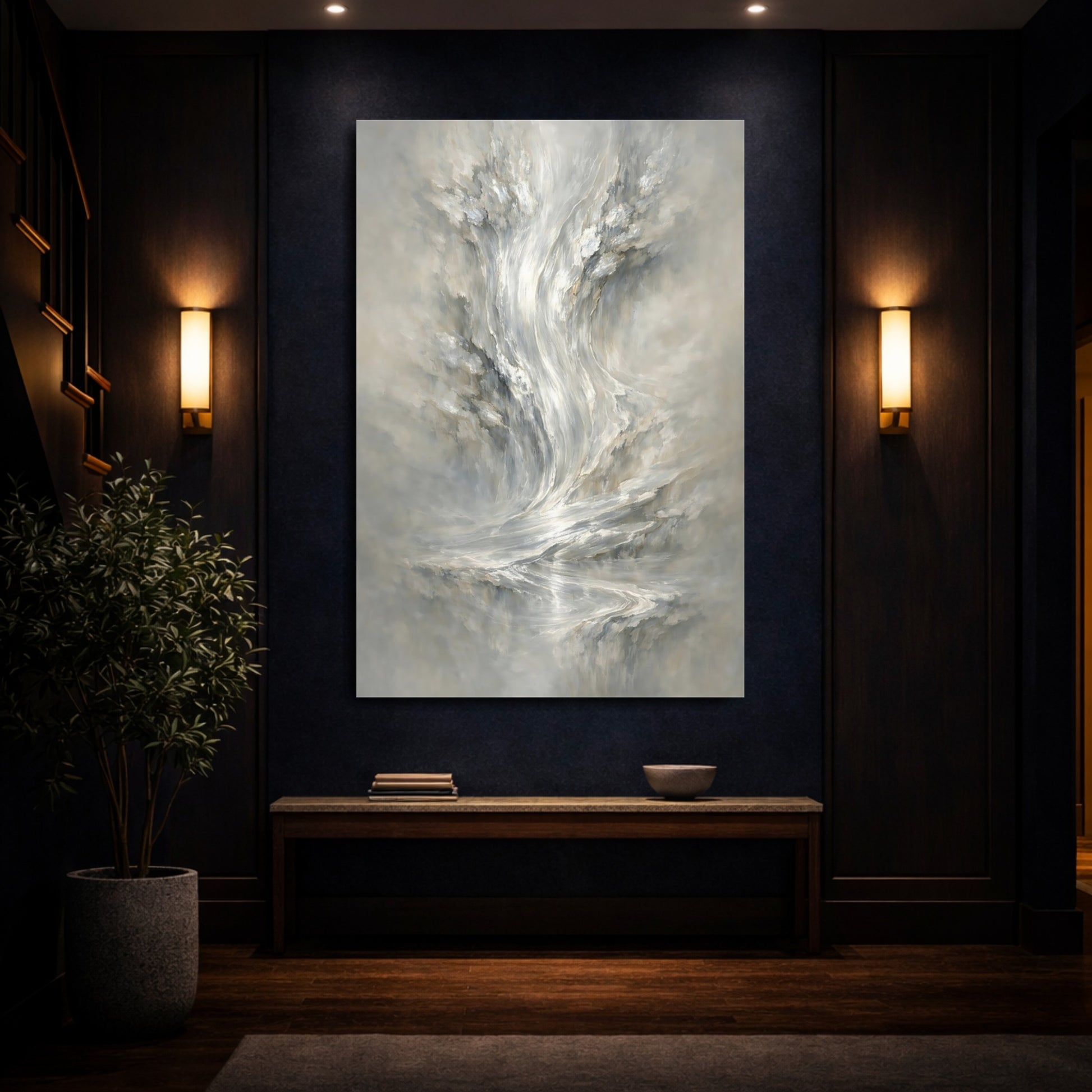 Mockup 3. Abstract Abstract Flow Grey And White Abstract shown as stretched canvas wall art
