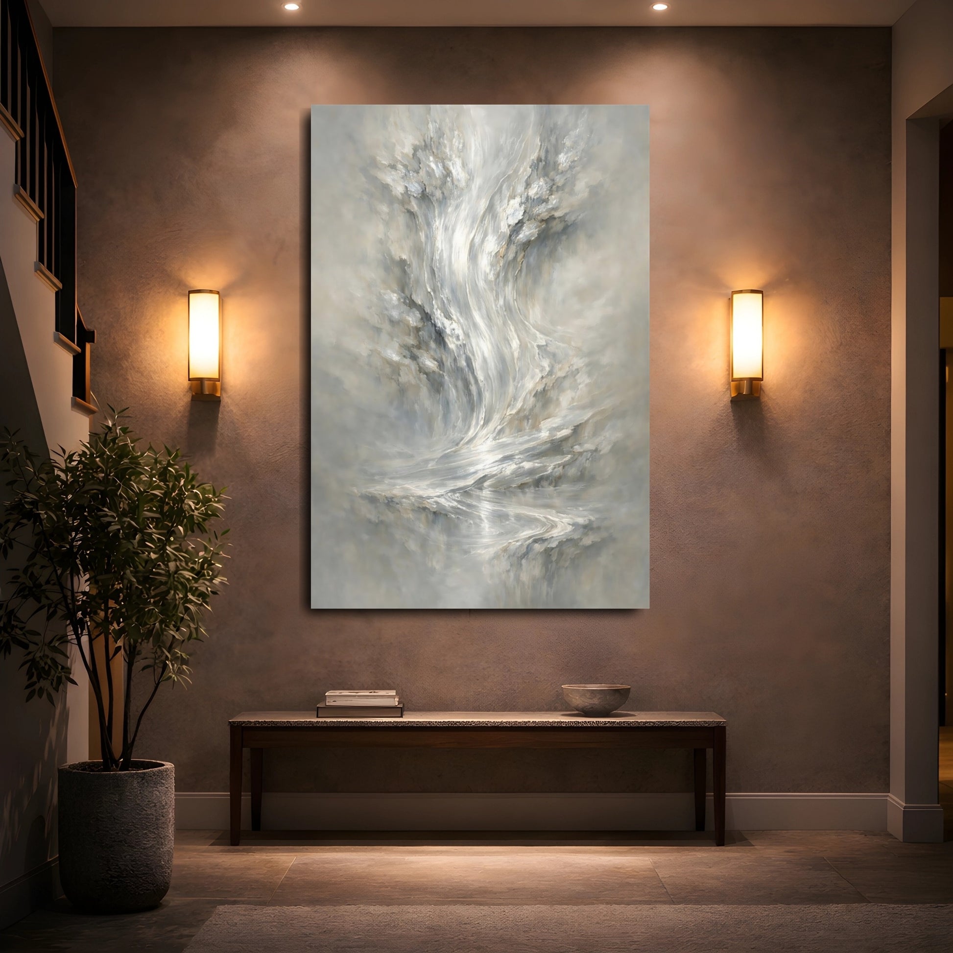 Mockup 4. Abstract Abstract Flow Grey And White Abstract shown as stretched canvas wall art