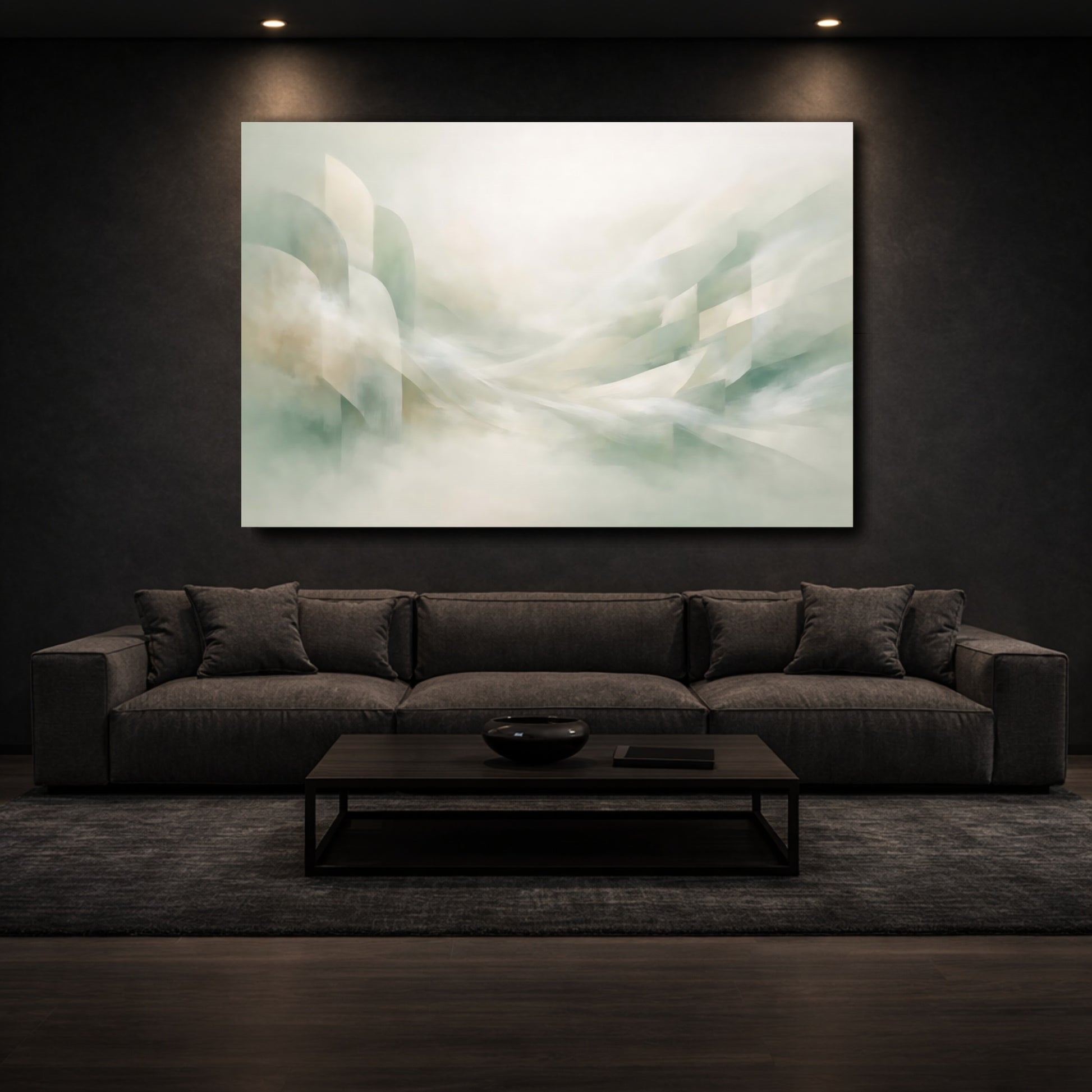 Mockup 2. Abstract Abstract Flow Muted Green Beige Abstract shown as stretched canvas wall art