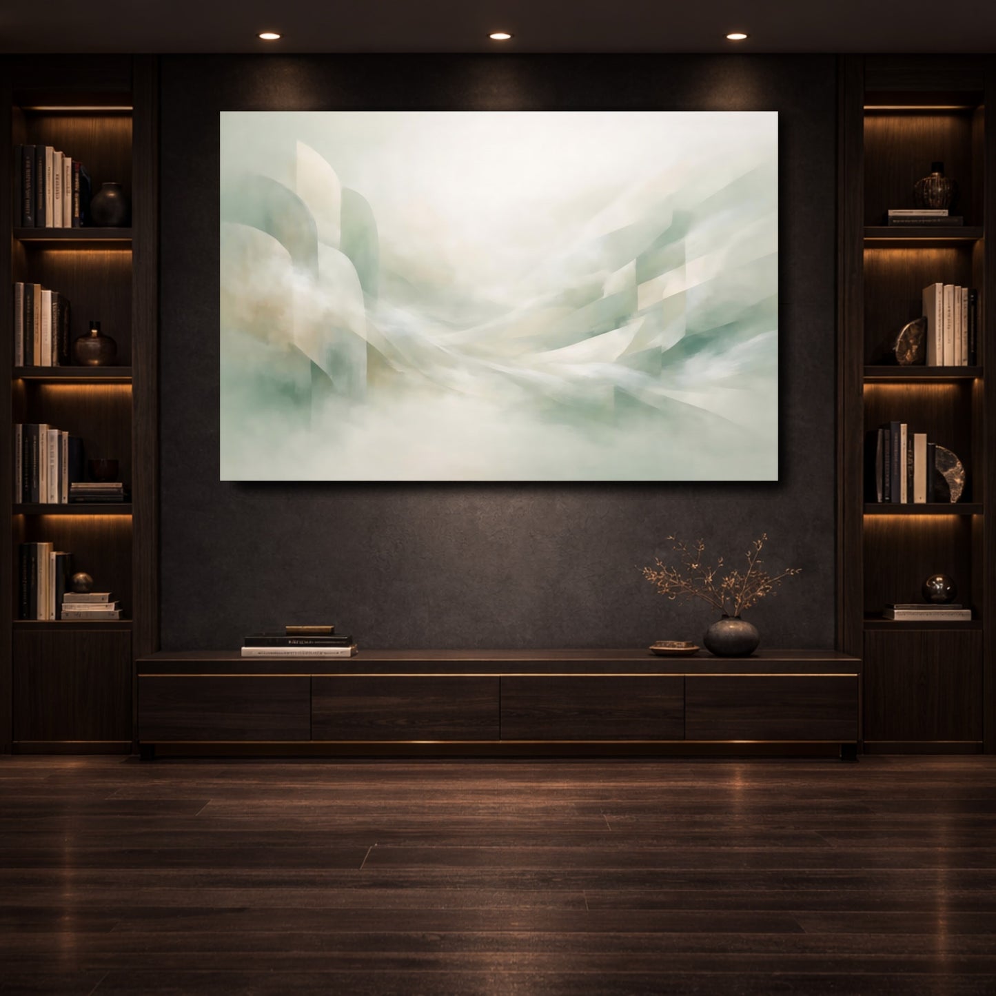 Mockup 3. Abstract Abstract Flow Muted Green Beige Abstract shown as stretched canvas wall art
