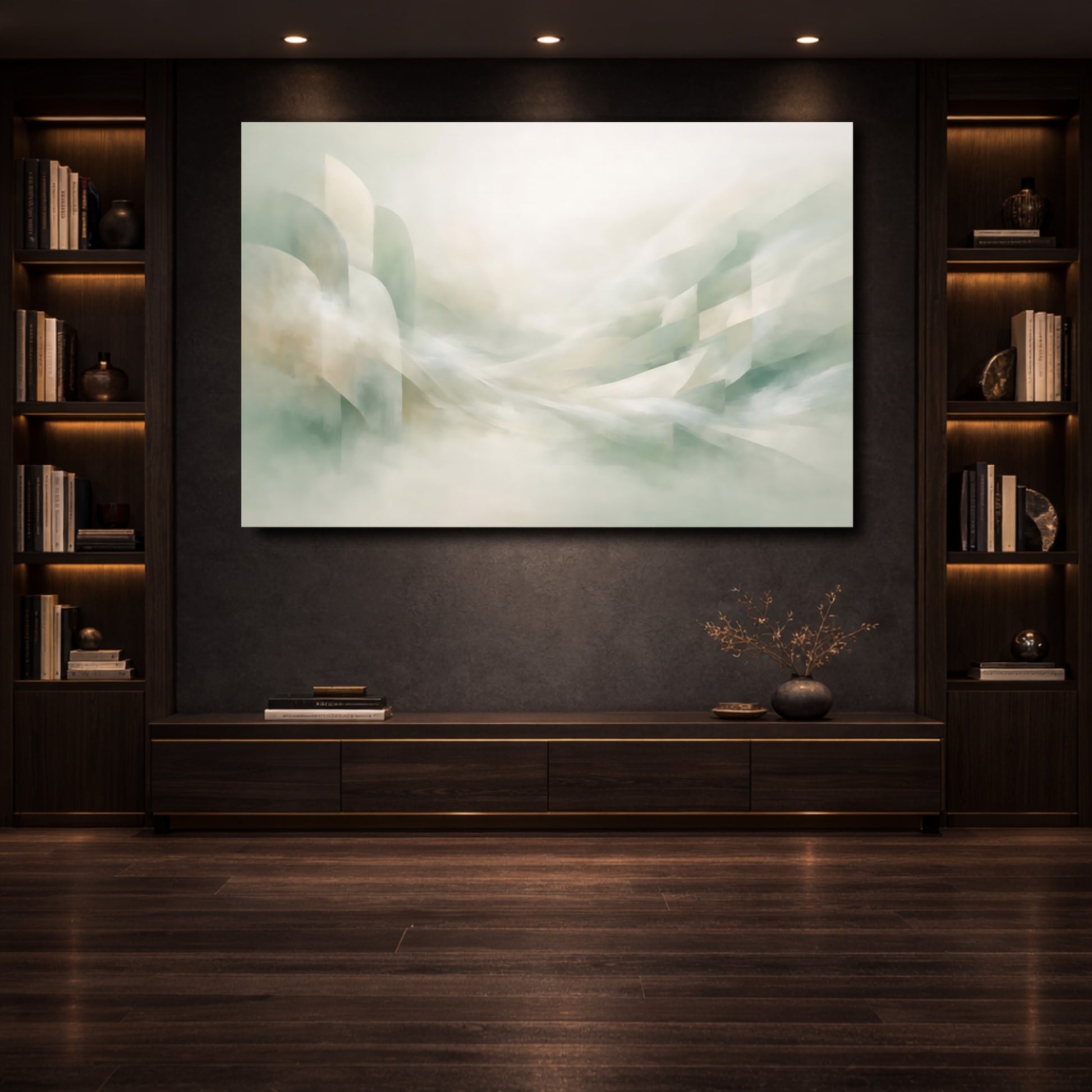 Mockup 3. Abstract Abstract Flow Muted Green Beige Abstract shown as stretched canvas wall art