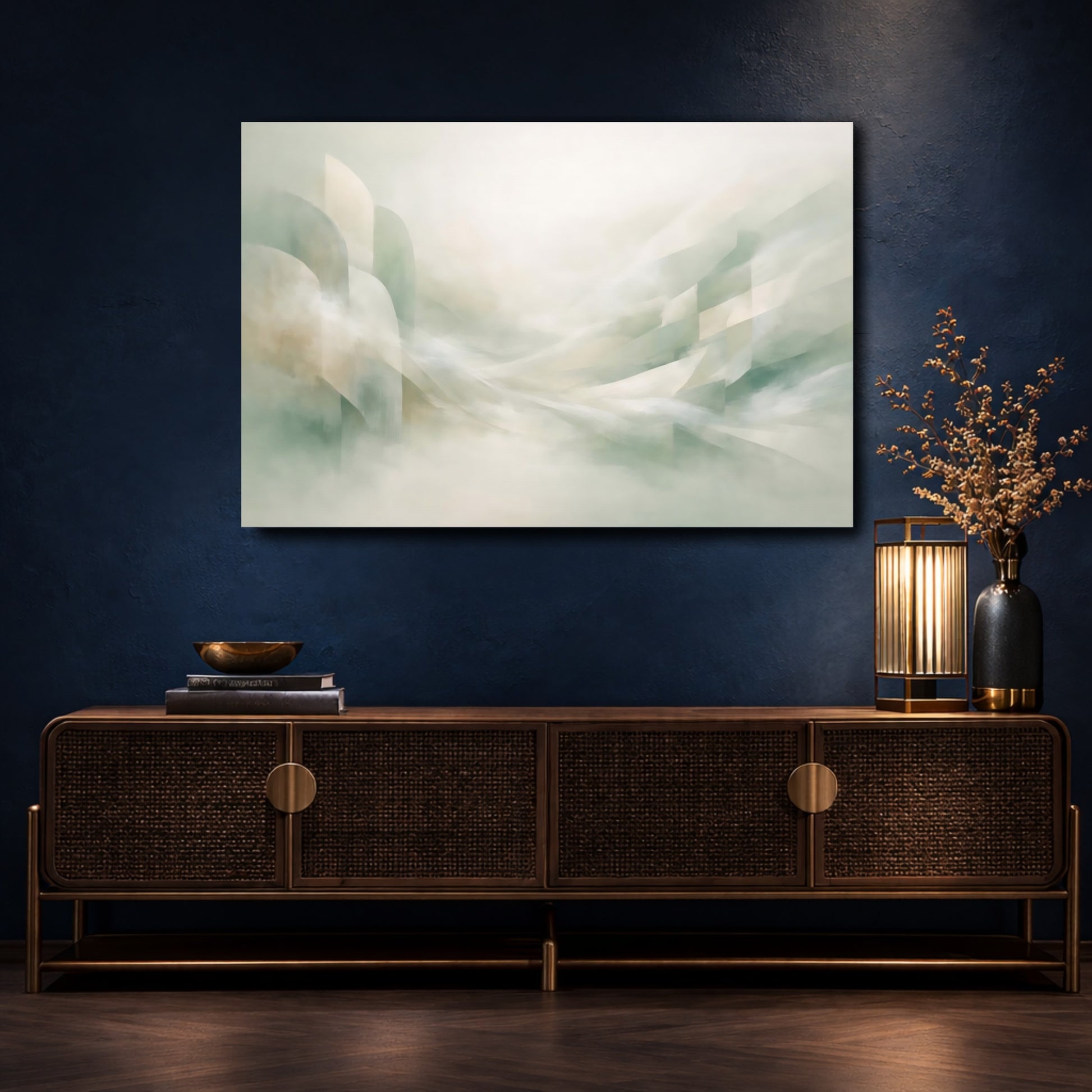 Mockup 4. Abstract Abstract Flow Muted Green Beige Abstract shown as stretched canvas wall art