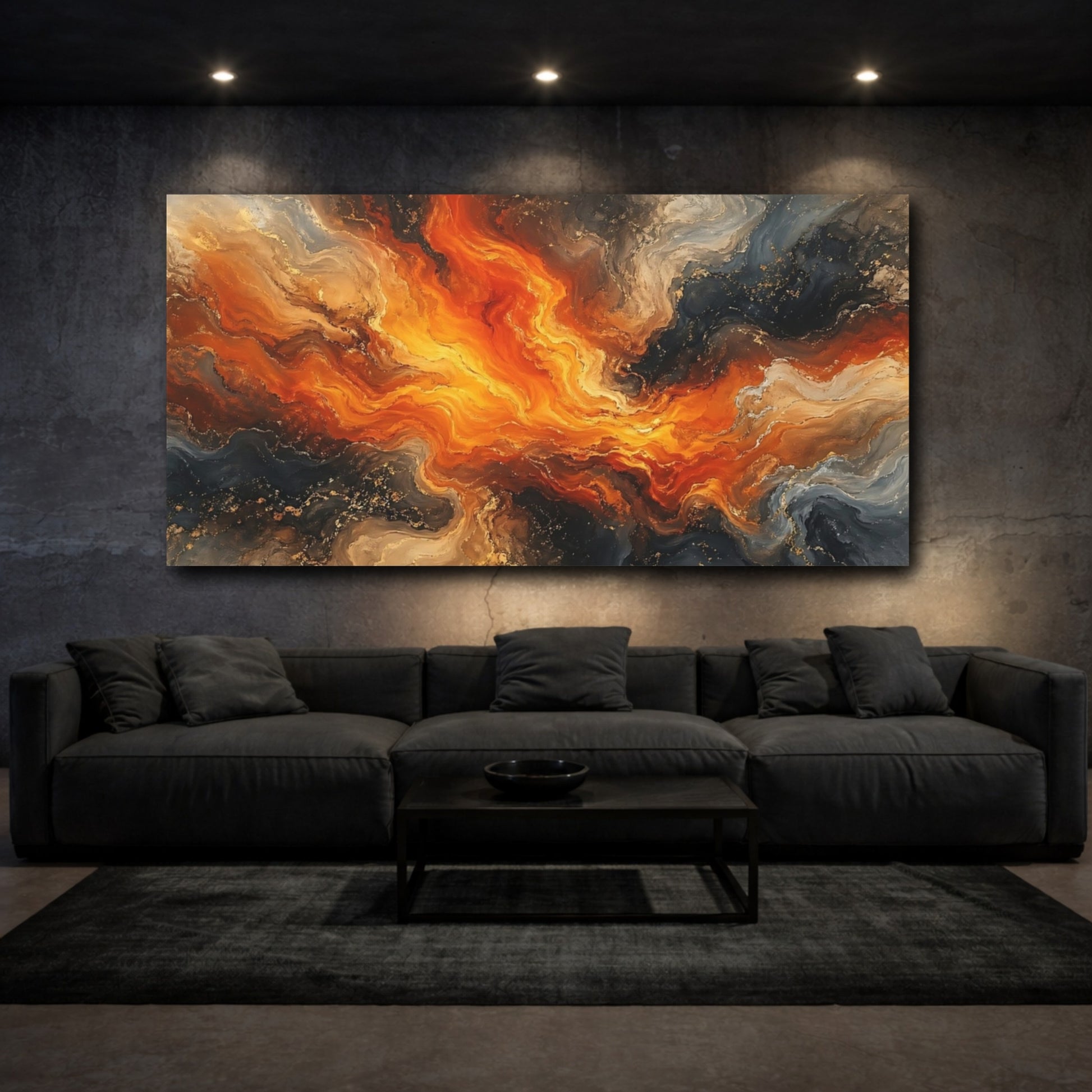 Mockup 2. Abstract Abstract Flow Orange Gold Abstract shown as stretched canvas wall art