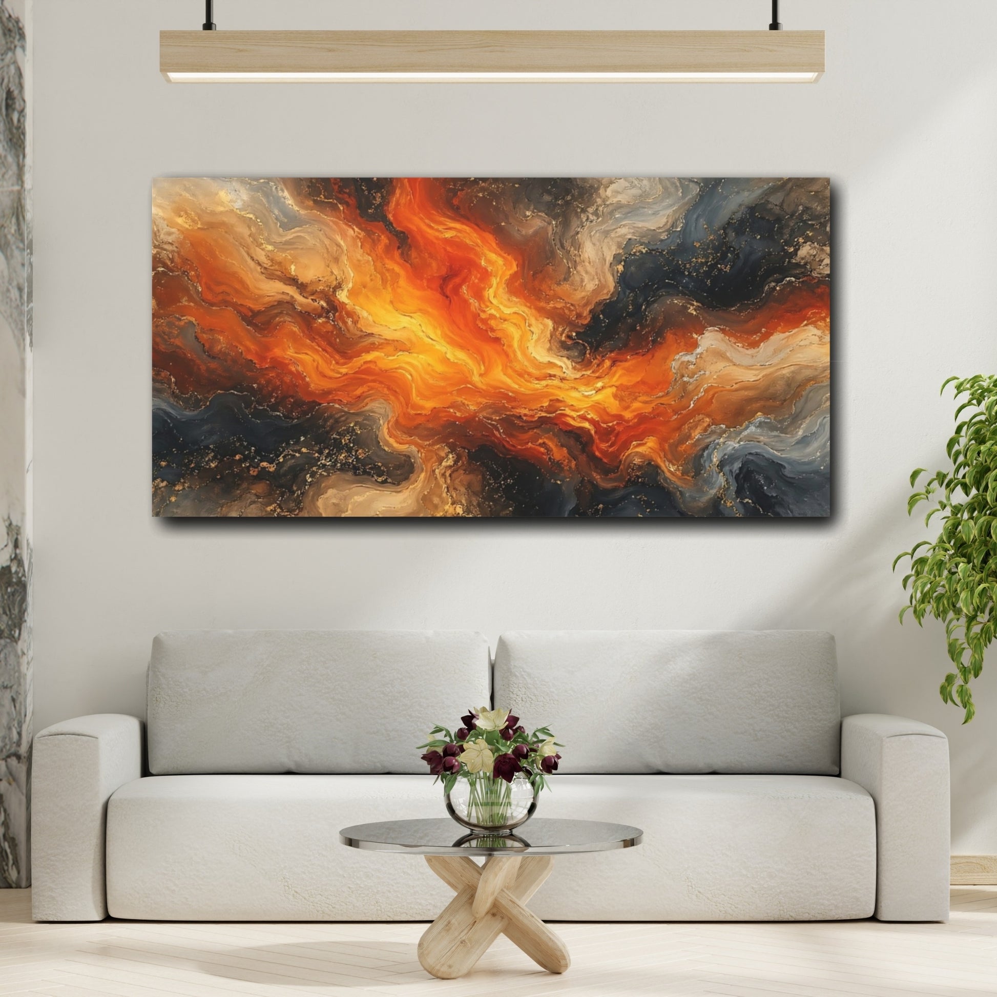 Mockup 3. Abstract Abstract Flow Orange Gold Abstract shown as stretched canvas wall art