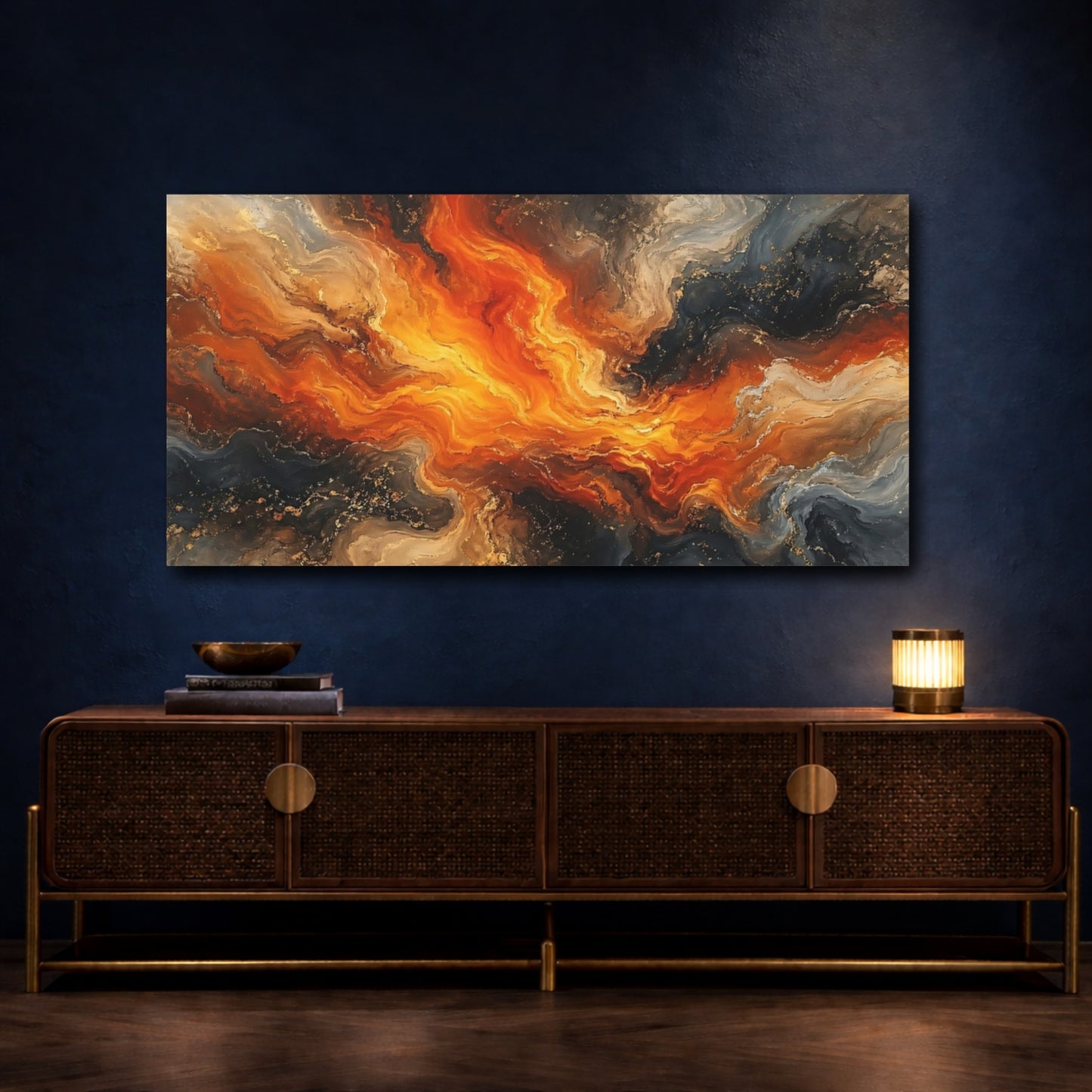 Mockup 4. Abstract Abstract Flow Orange Gold Abstract shown as stretched canvas wall art