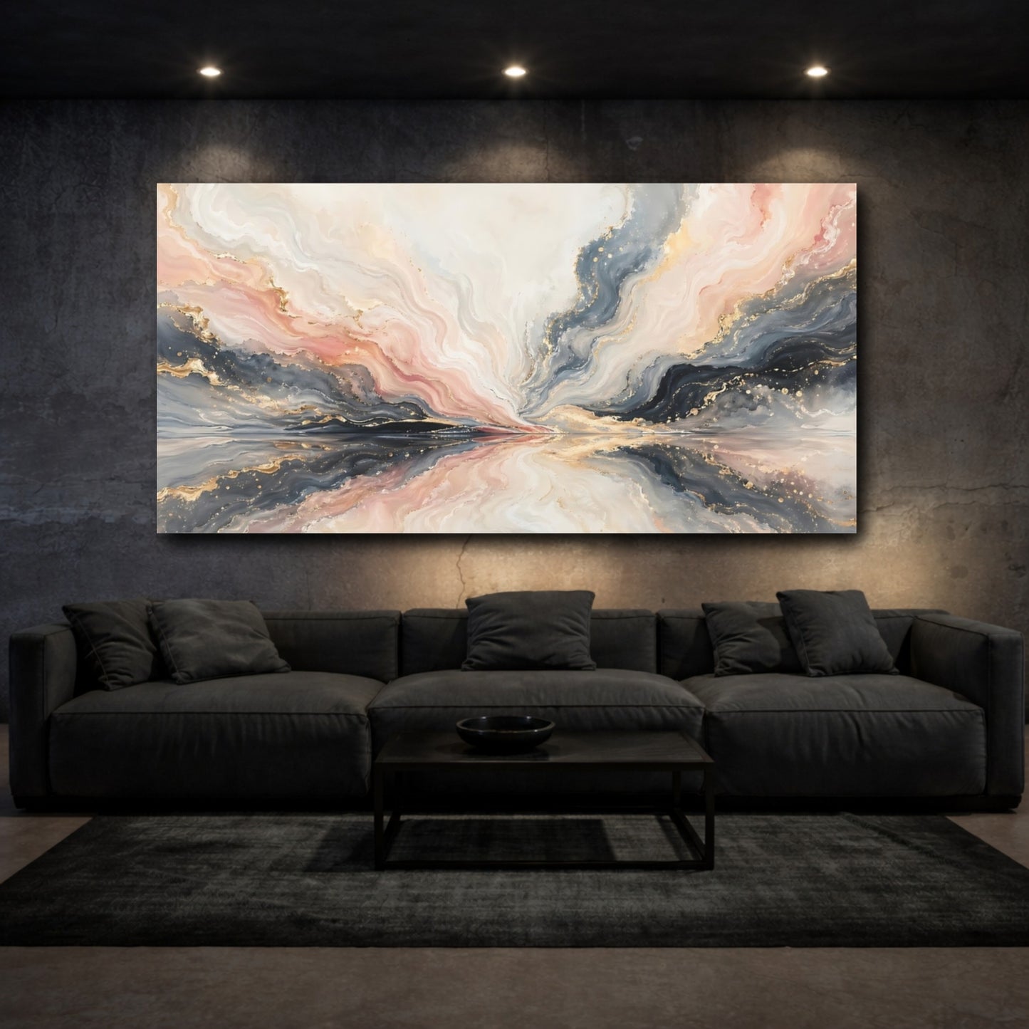 Mockup 2. Abstract Abstract Flow Pink Grey Gold Abstract shown as stretched canvas wall art