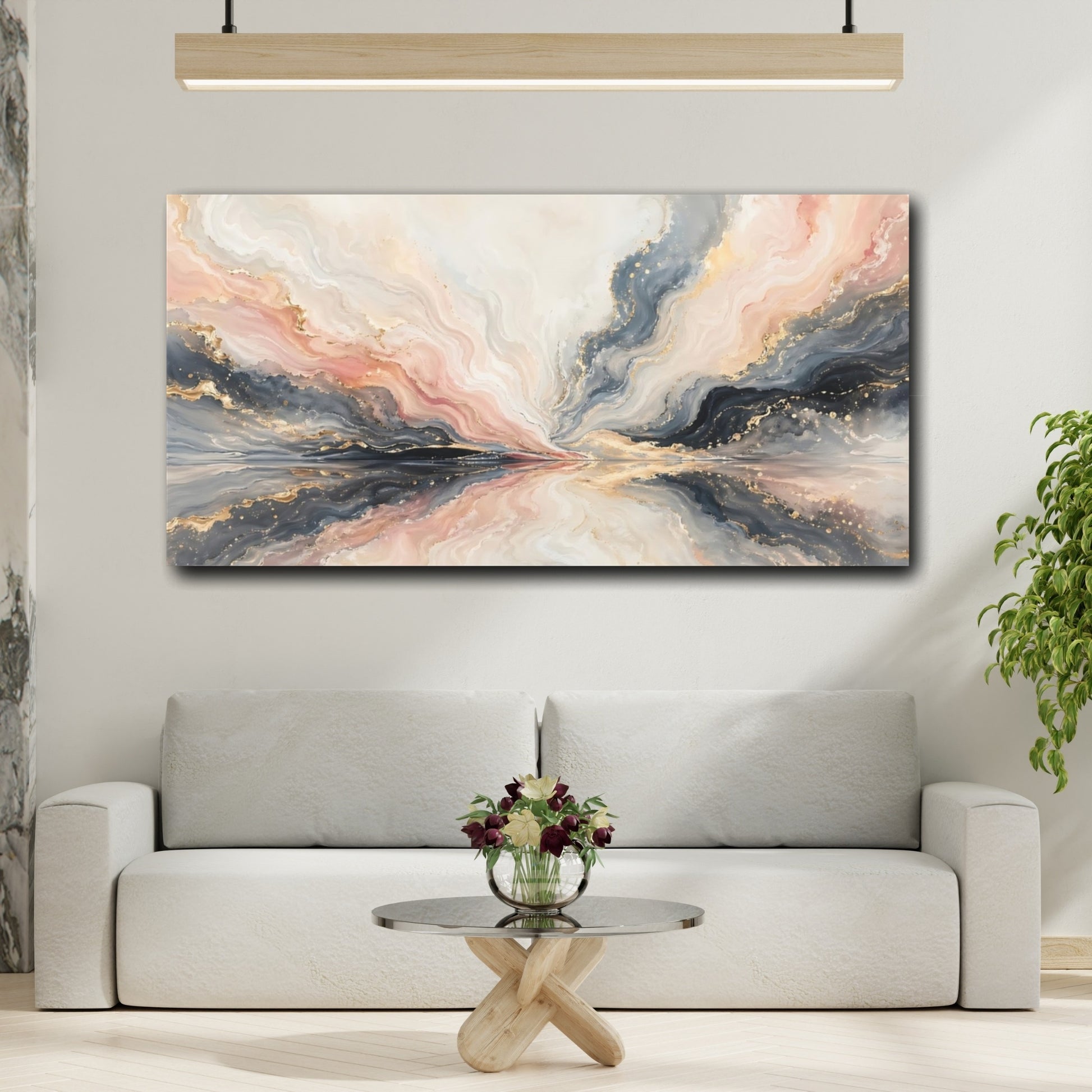 Mockup 3. Abstract Abstract Flow Pink Grey Gold Abstract shown as stretched canvas wall art