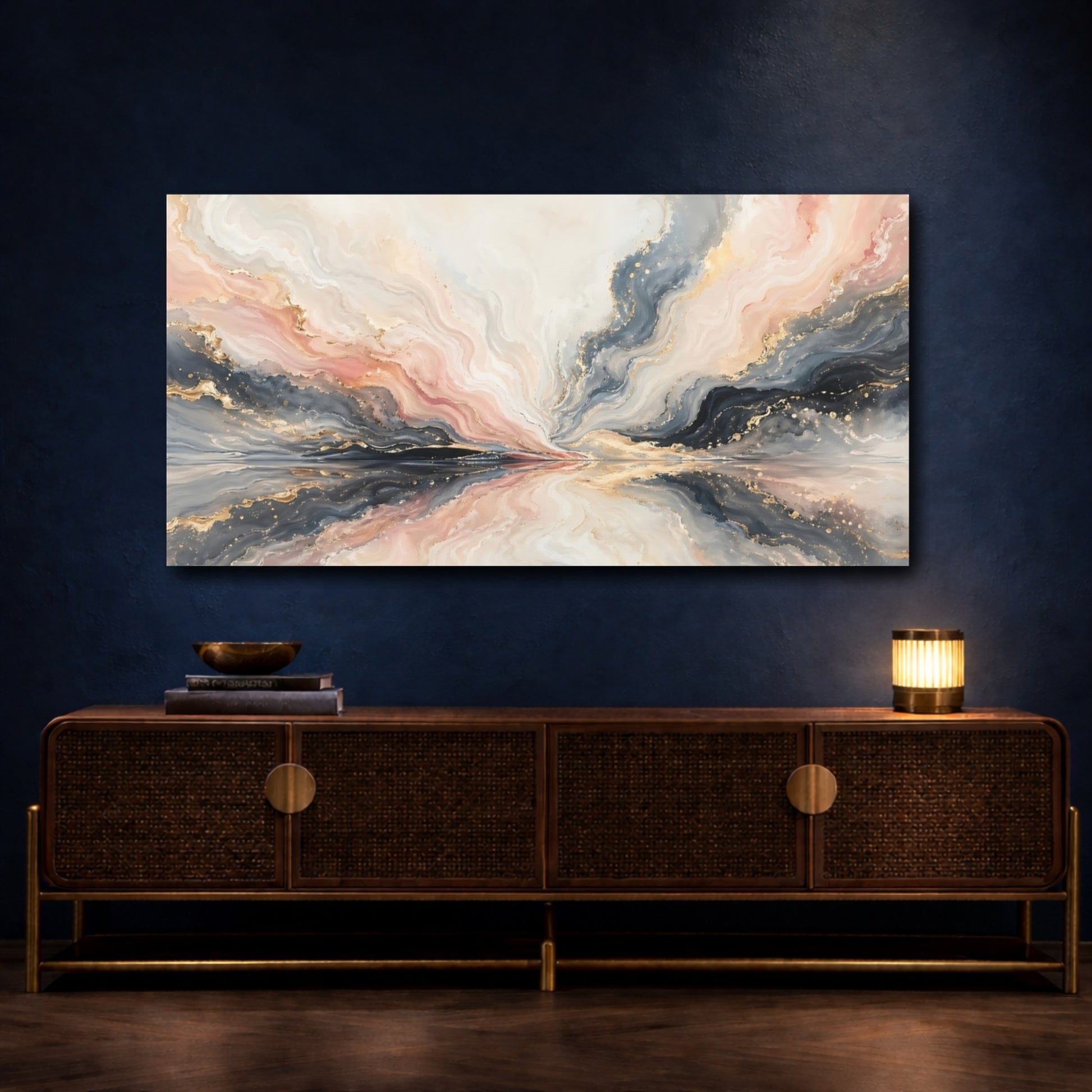 Mockup 4. Abstract Abstract Flow Pink Grey Gold Abstract shown as stretched canvas wall art