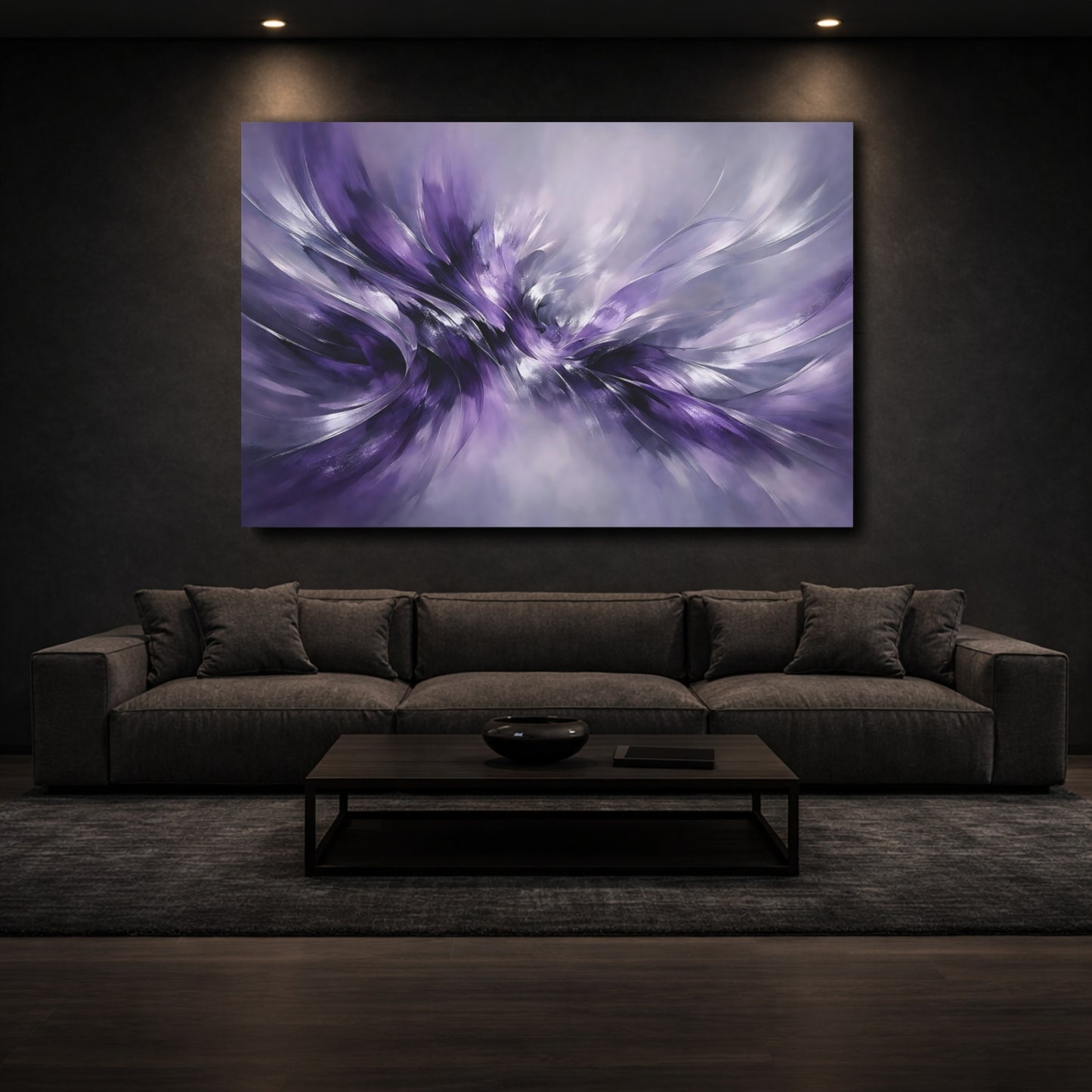 Mockup 2. Abstract Abstract Flow Purple Abstract shown as stretched canvas wall art