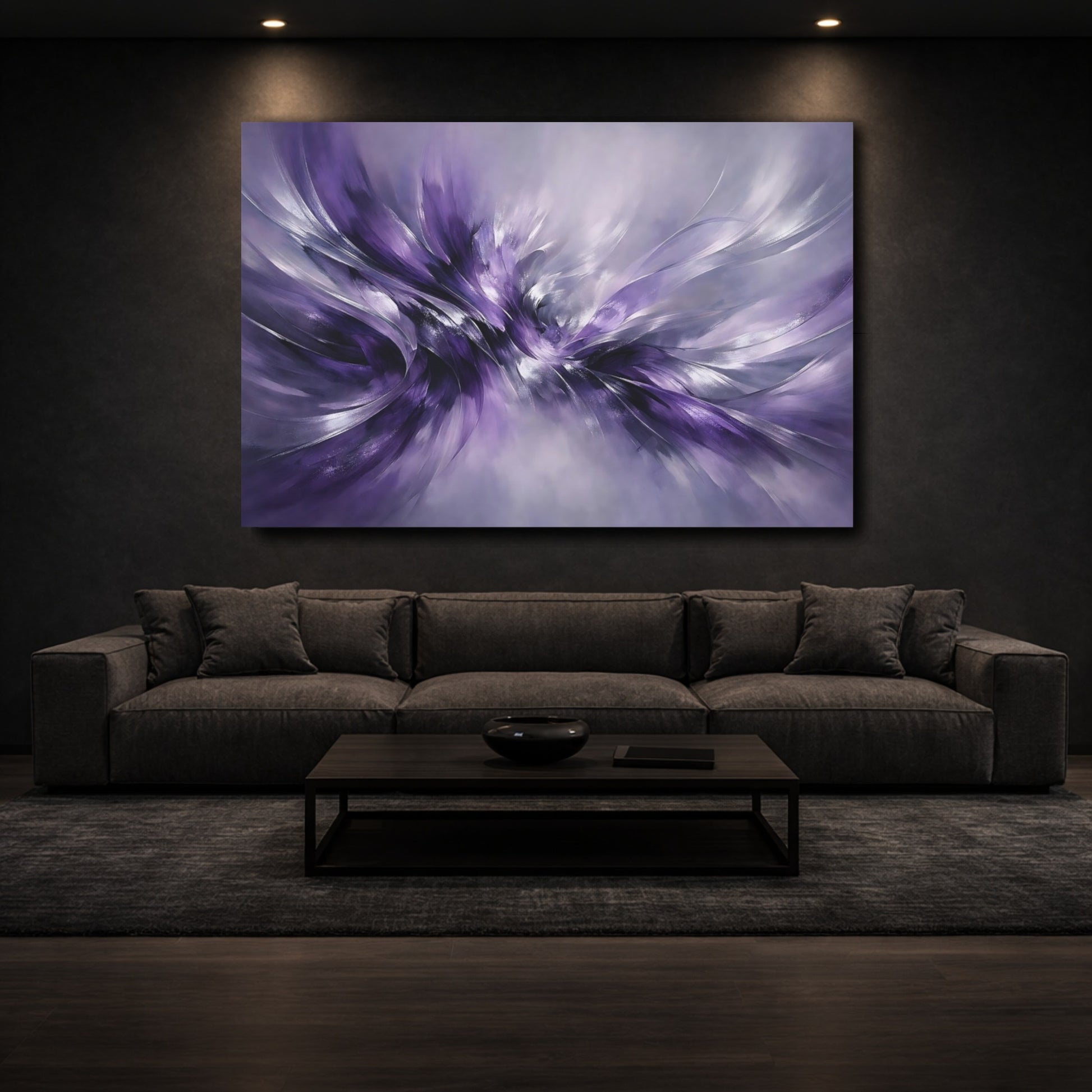 Mockup 2. Abstract Abstract Flow Purple Abstract shown as stretched canvas wall art