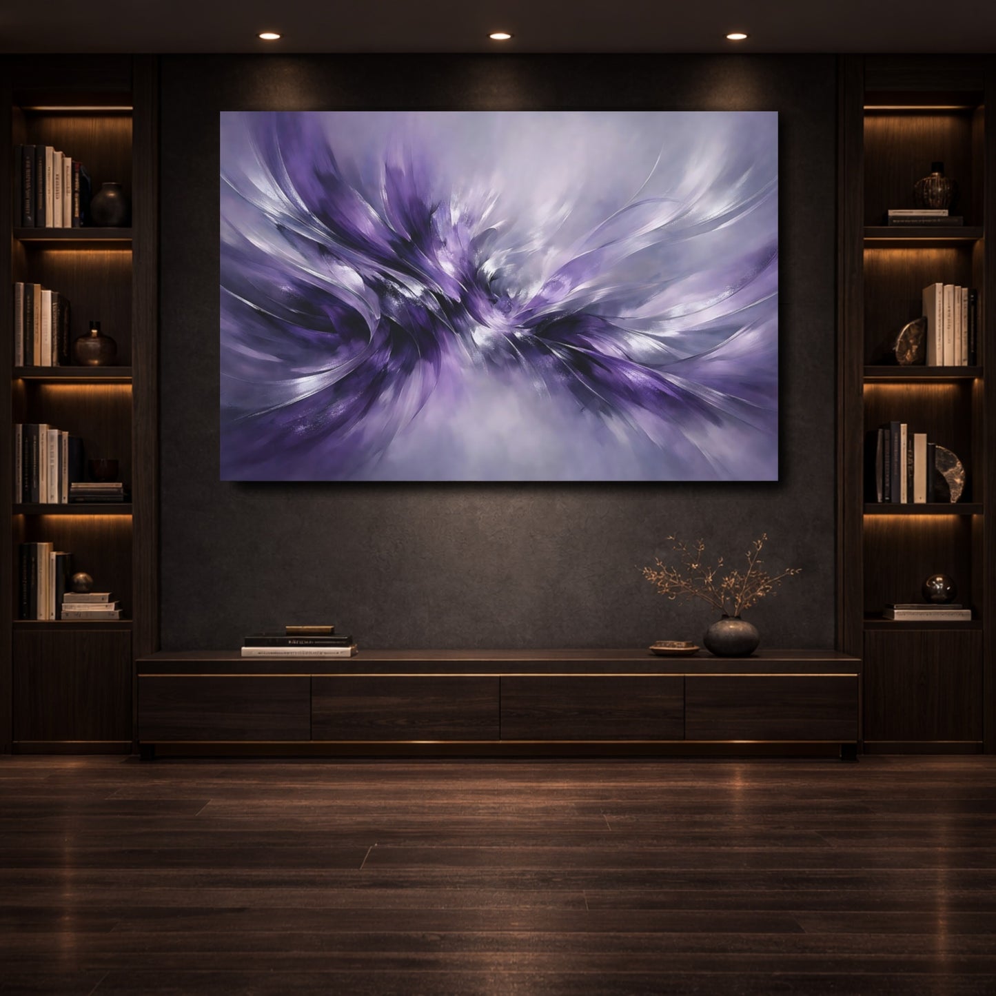 Mockup 3. Abstract Abstract Flow Purple Abstract shown as stretched canvas wall art