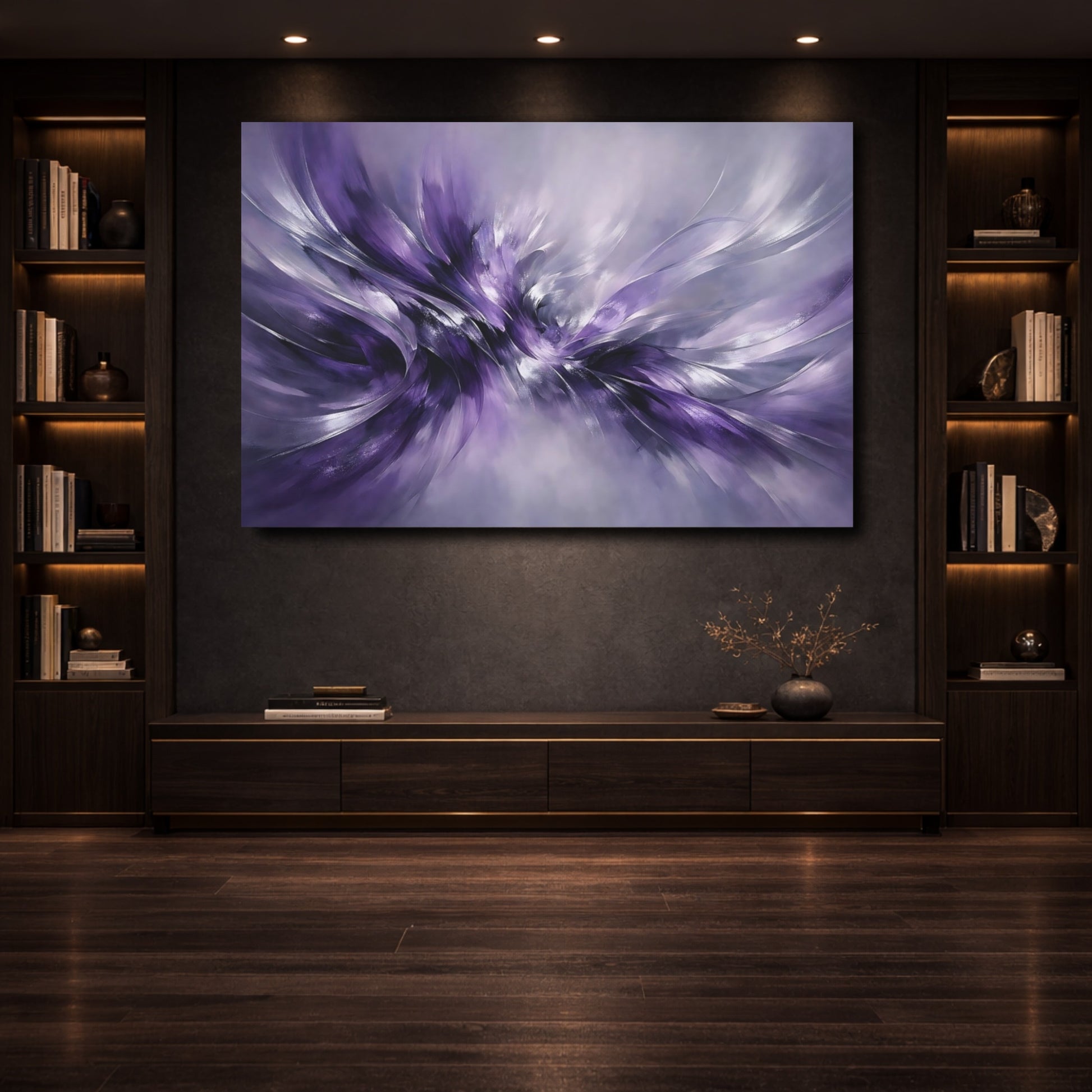 Mockup 3. Abstract Abstract Flow Purple Abstract shown as stretched canvas wall art
