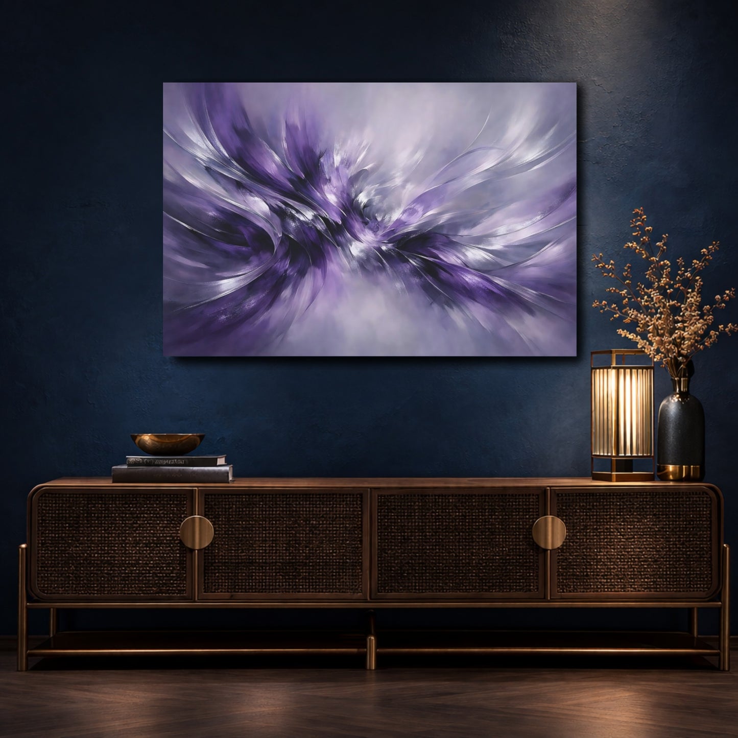 Mockup 4. Abstract Abstract Flow Purple Abstract shown as stretched canvas wall art